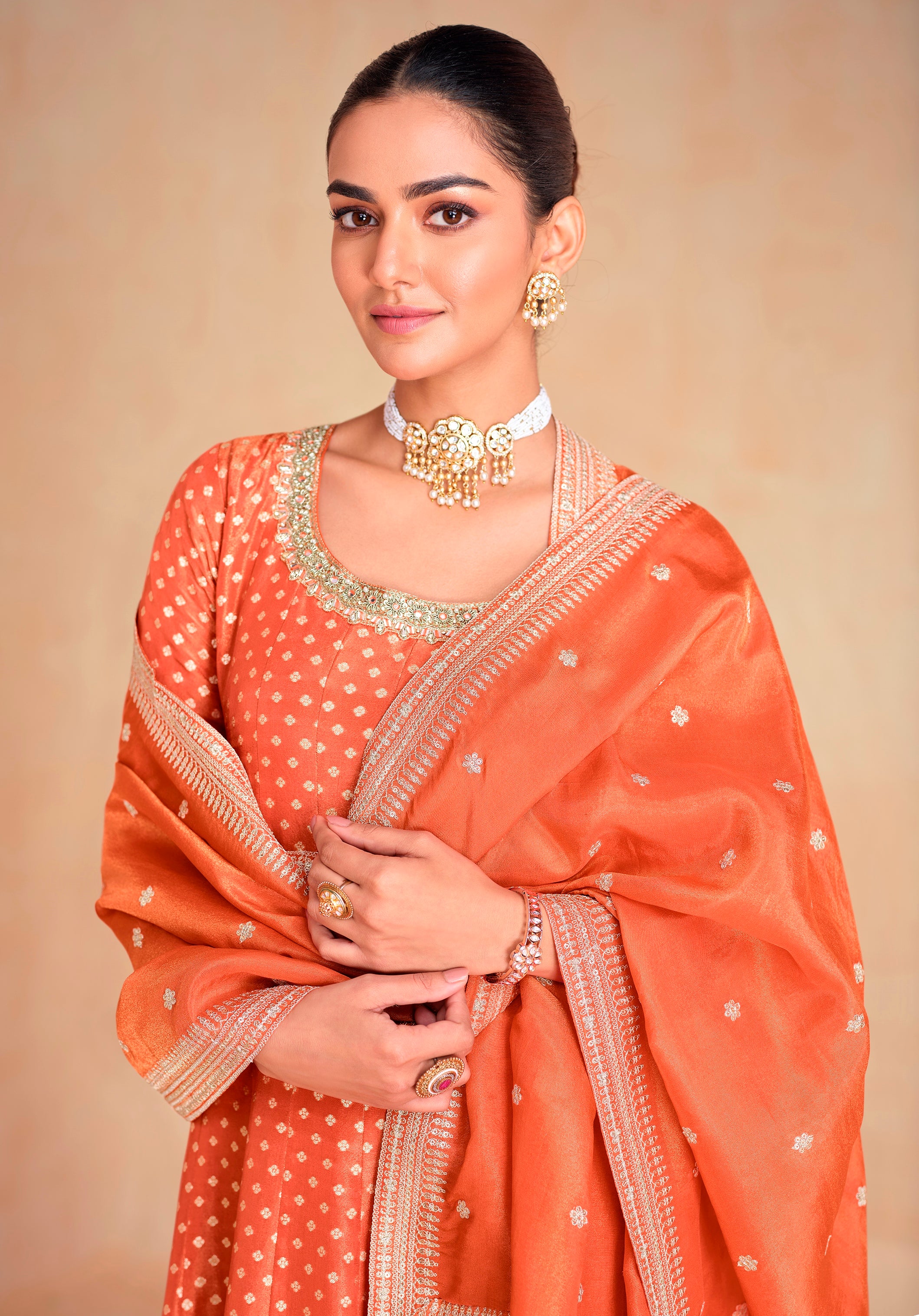 Orange Heavy Designer Suit With Heavy Embroidery Work