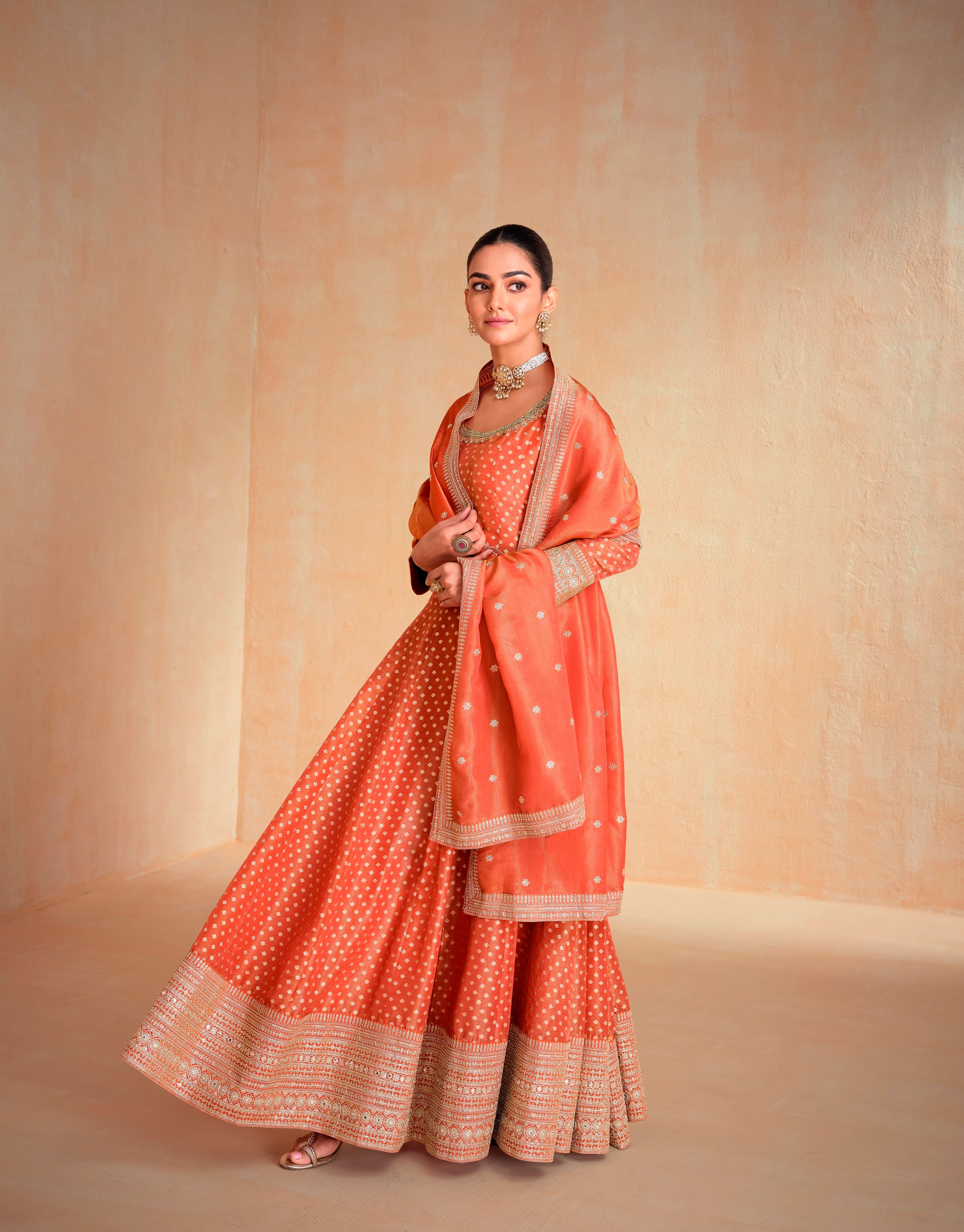 Orange Heavy Designer Suit With Heavy Embroidery Work