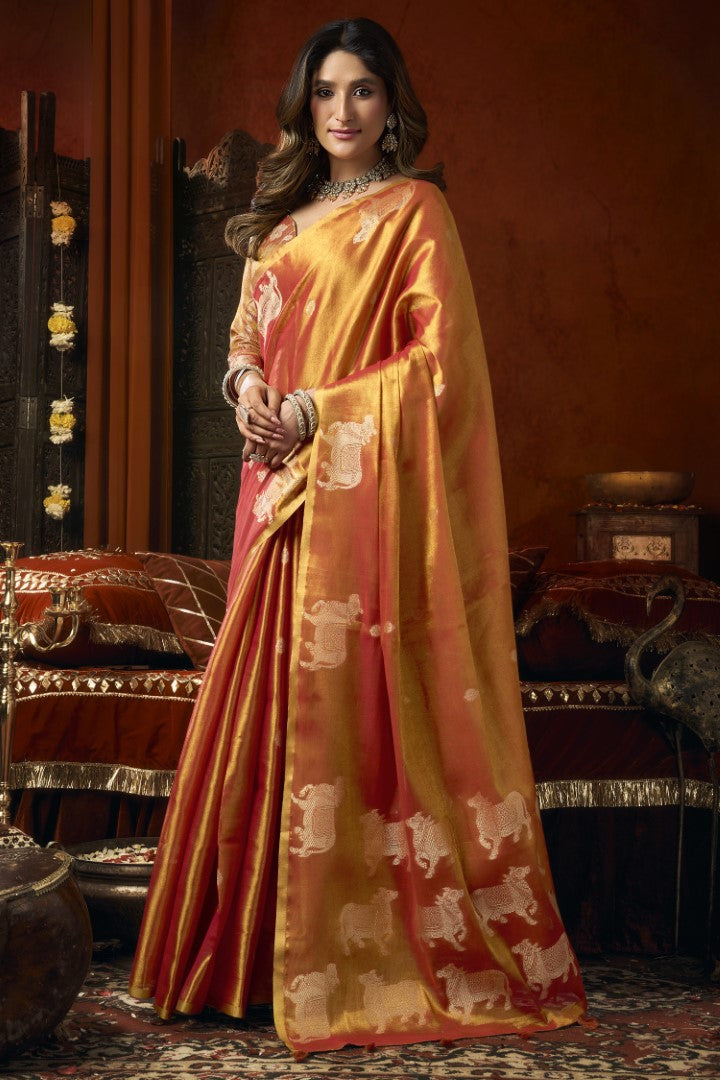 Orange Heavy Tissue Saree with Traditional Butta Woven Elegance