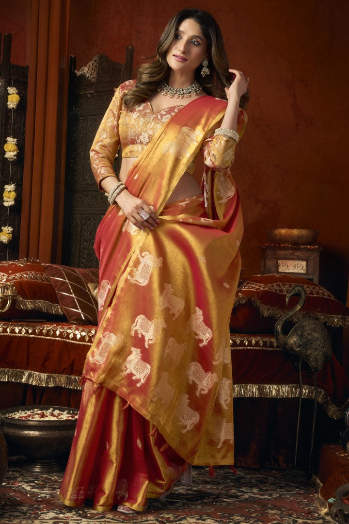 Orange Heavy Tissue Saree with Traditional Butta Woven Elegance