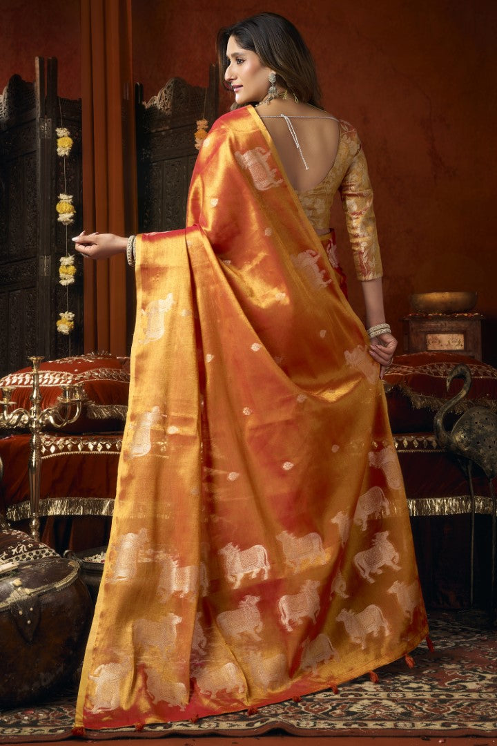 Orange Heavy Tissue Saree with Traditional Butta Woven Elegance