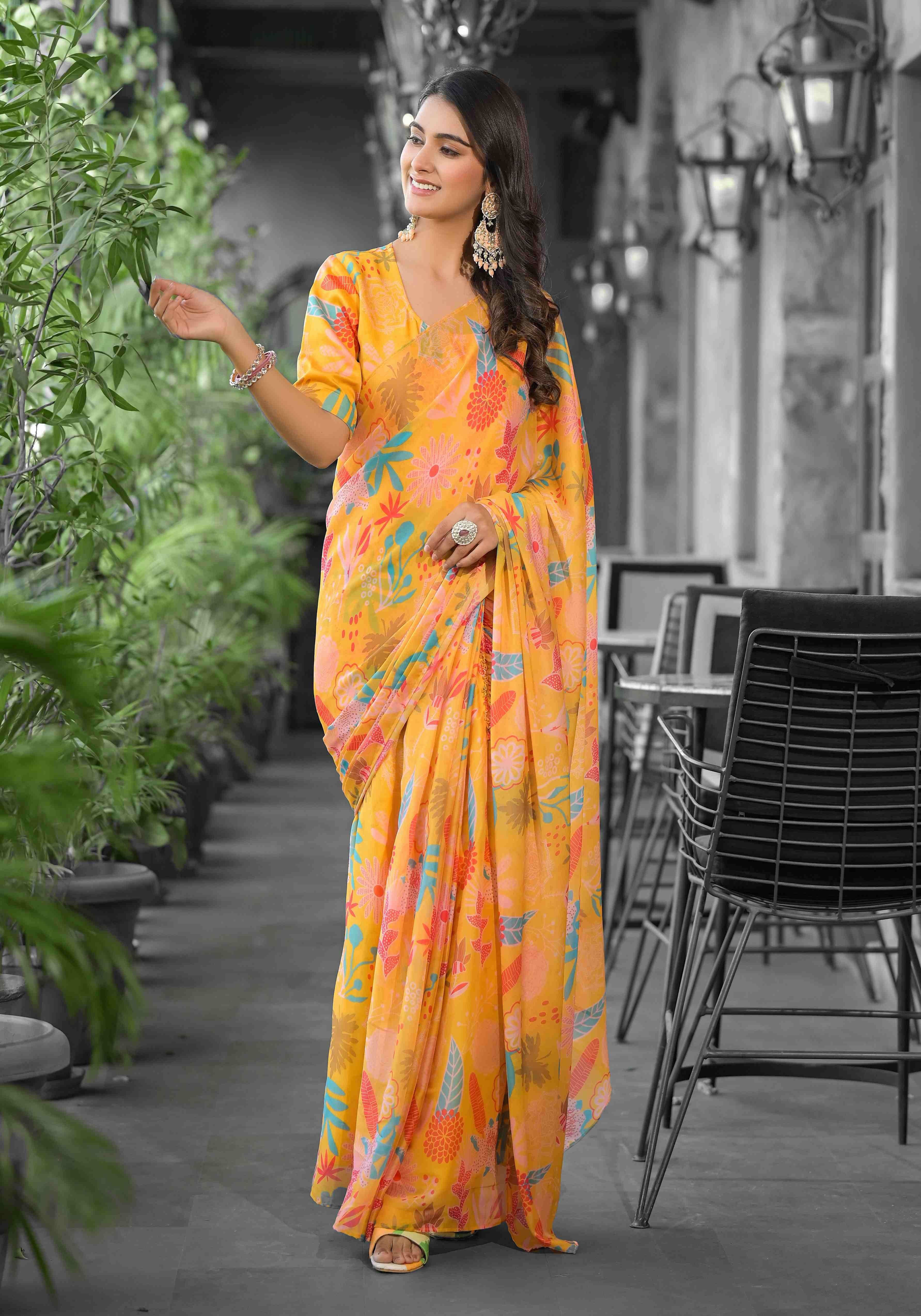 Orange Imported Georgette Designer Digital Printed Ready To Wear Gown Style Saree
