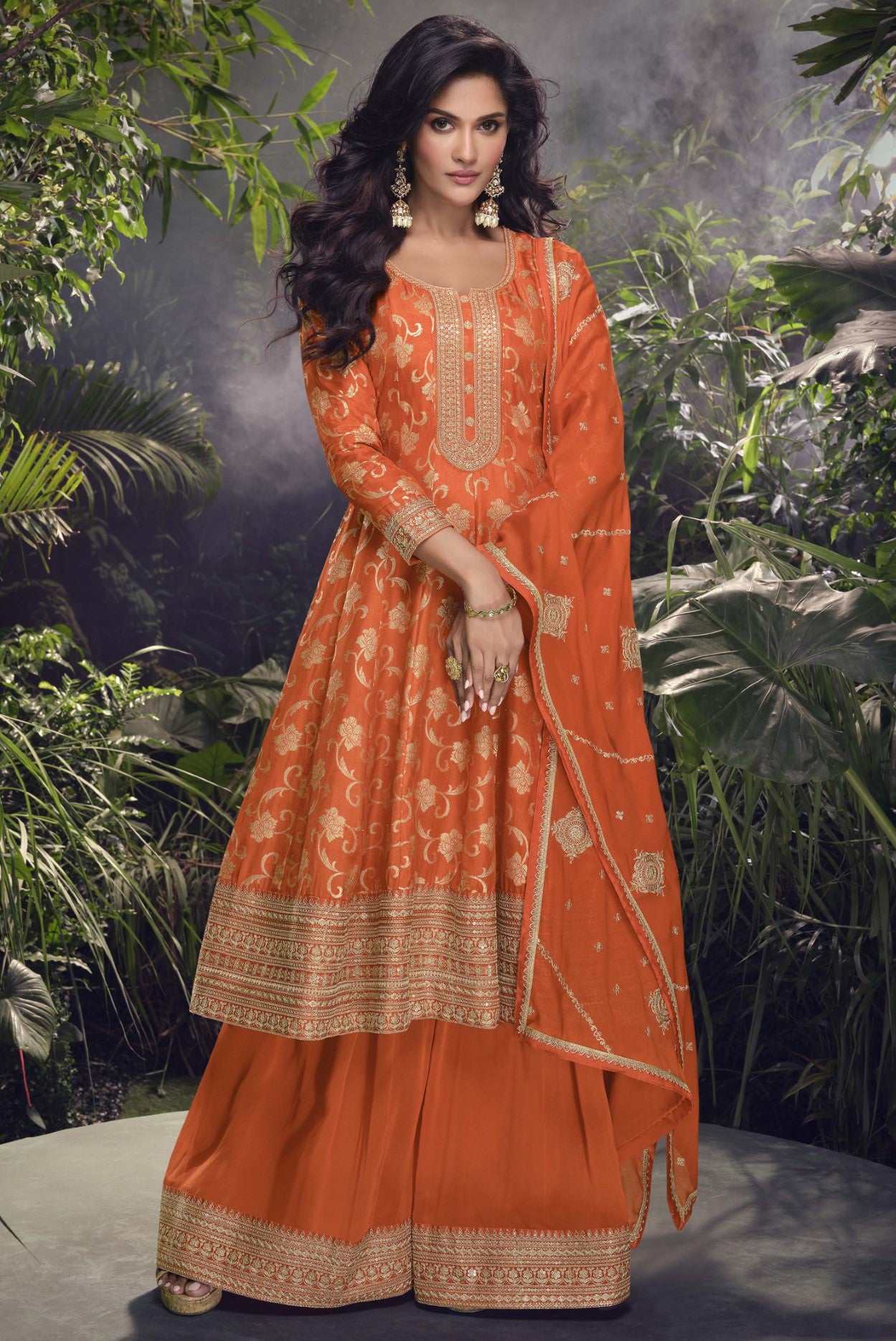 Orange Jacquard Silk Palazzo Suit With Sequin Embroidery