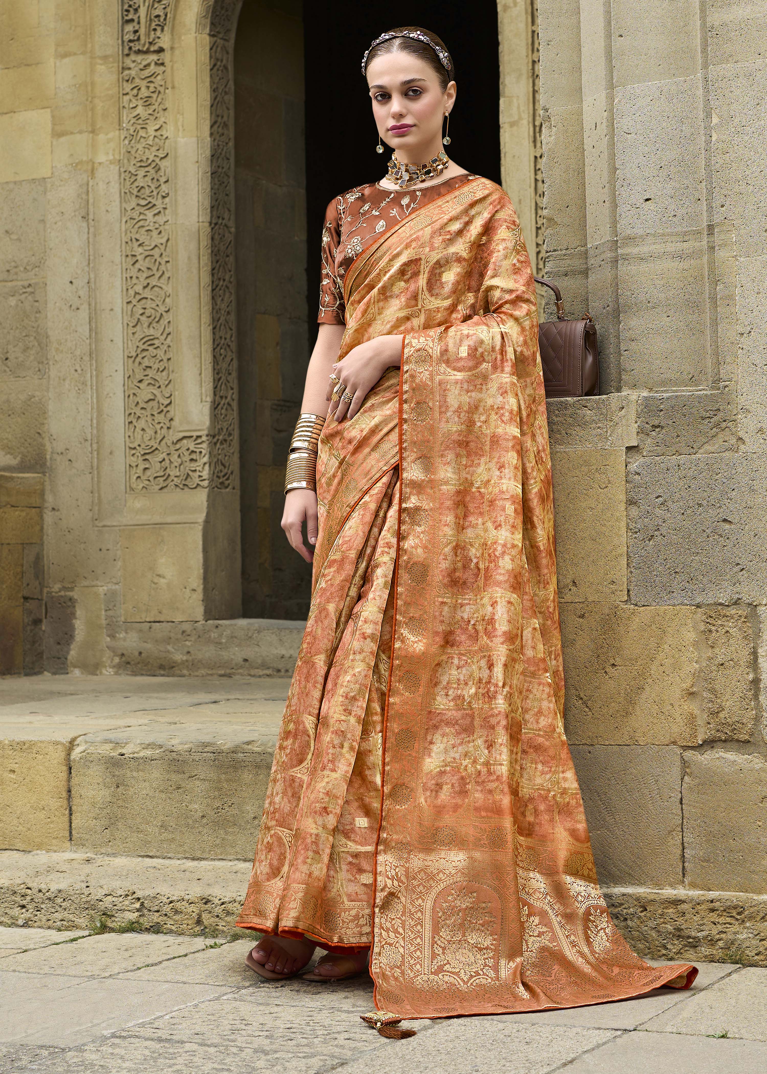 Orange Jacquard Silk Woven Saree With Embroidered Blouse