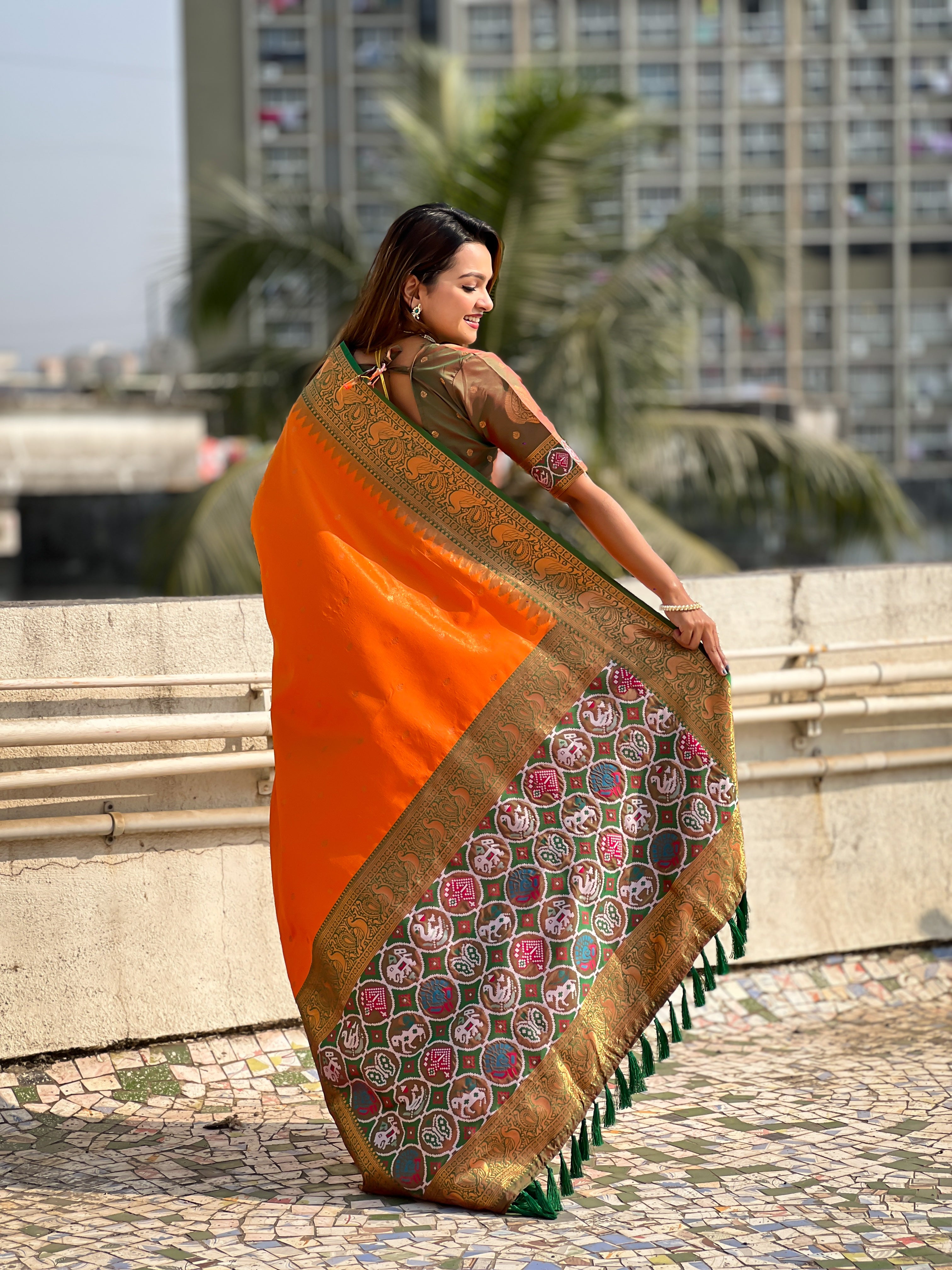 Orange Jari Tissue Woven Meenakari Pallu Designer Heavy Ethnic Saree