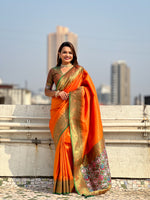 Orange Jari Tissue Woven Meenakari Pallu Designer Heavy Ethnic Saree