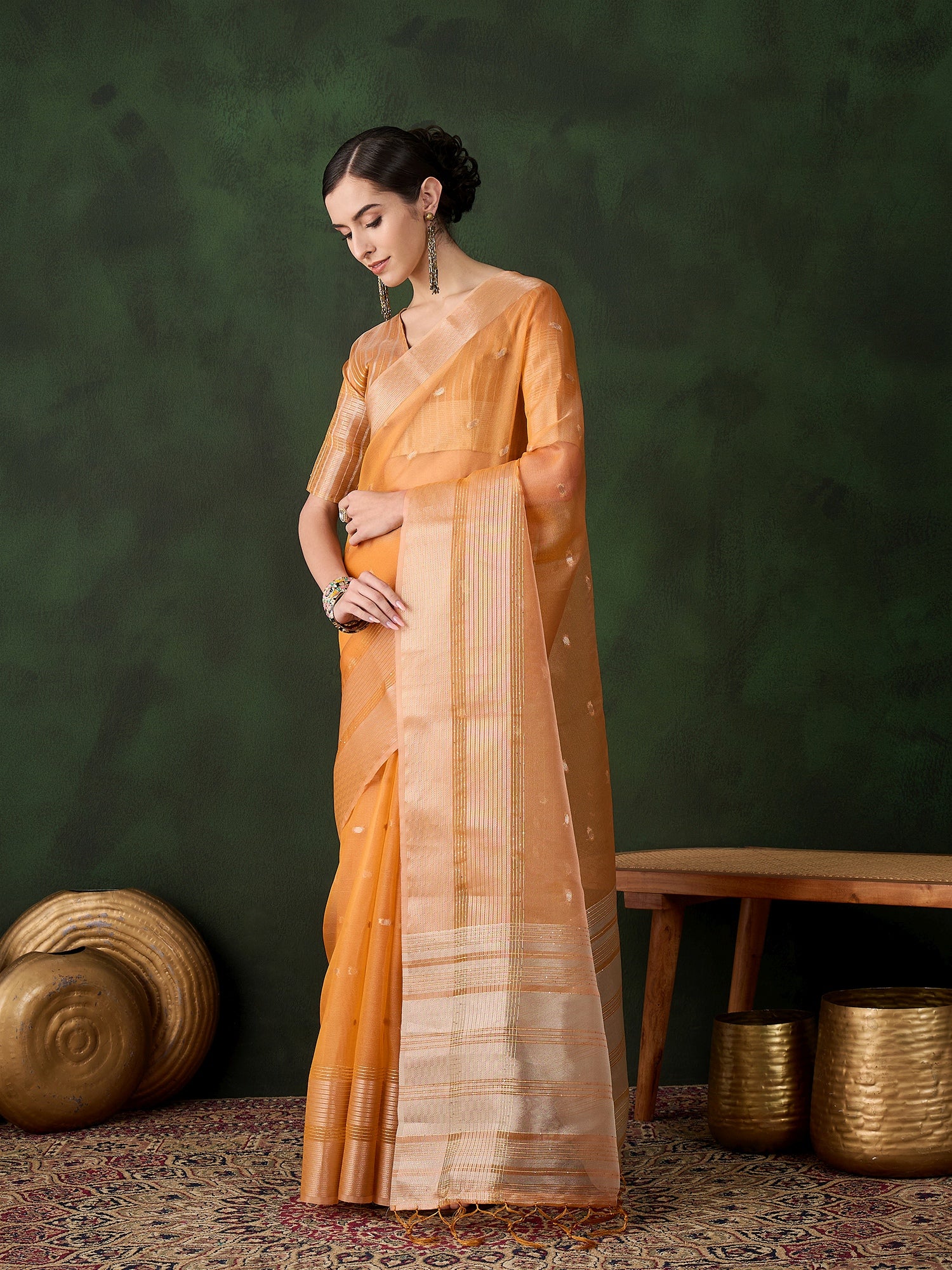 Orange Khadi Organza Ethnic Woven Designer Saree For Festive Looks