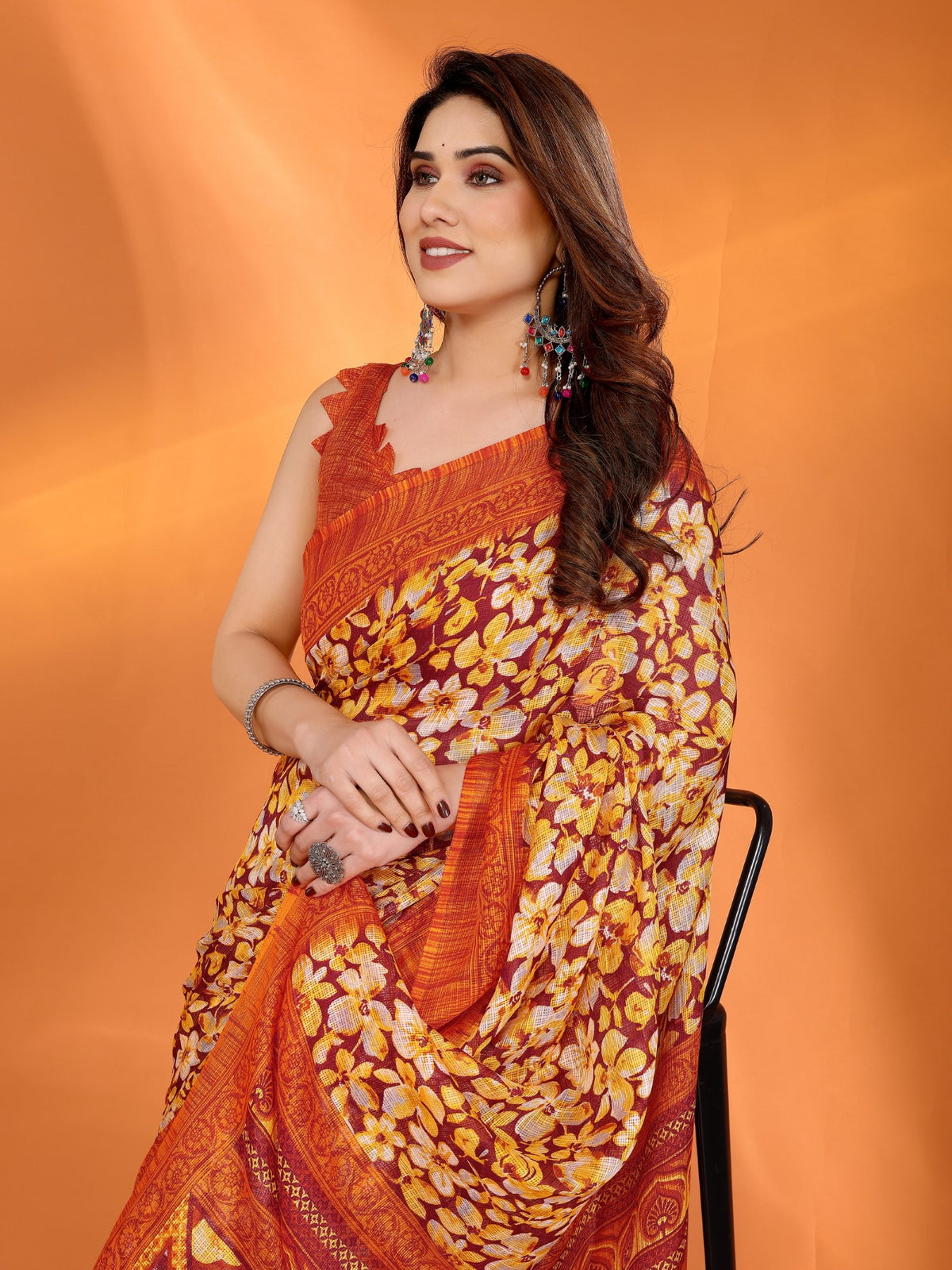 Orange Kota Doriya Saree With Traditional Printed Design