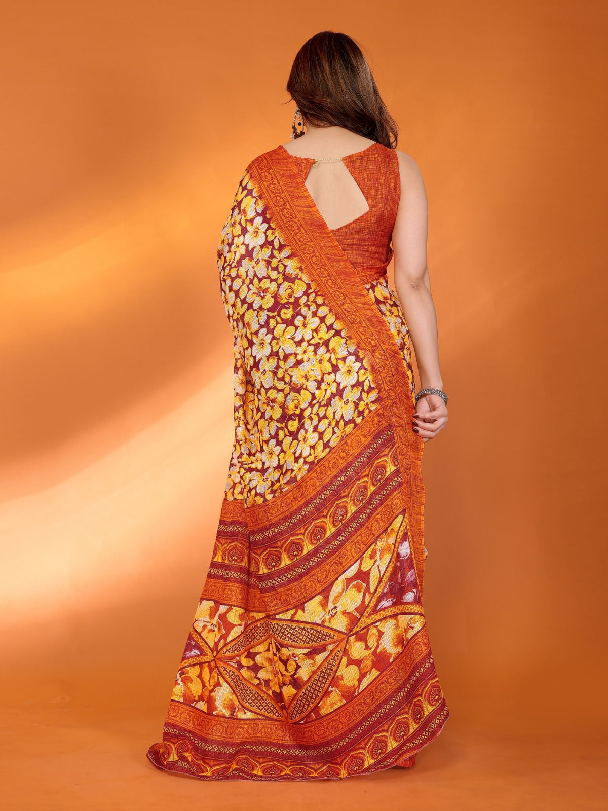 Orange Kota Doriya Saree With Traditional Printed Design