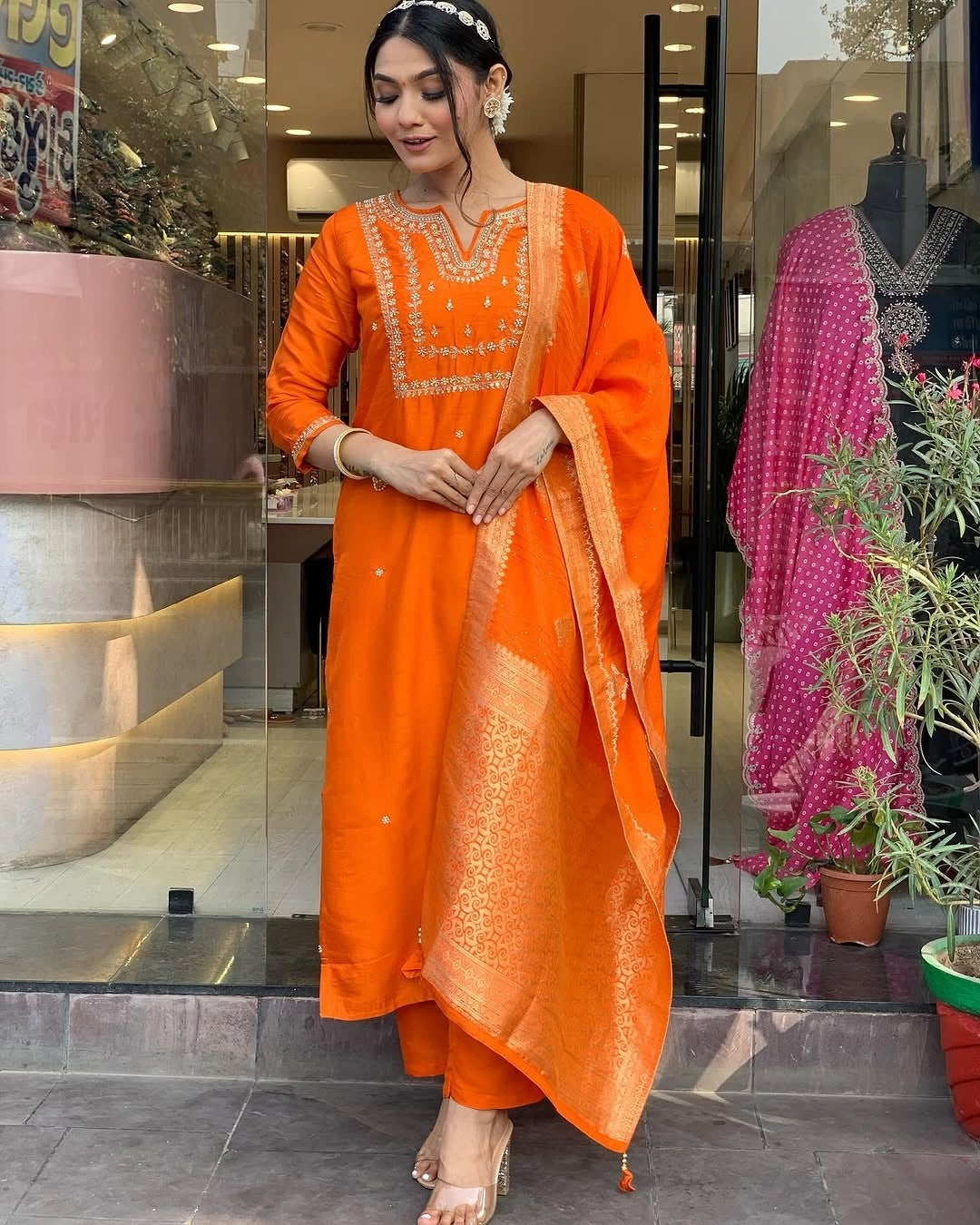Orange Kurta Pant Set With Heavy Thread Embroidery Work