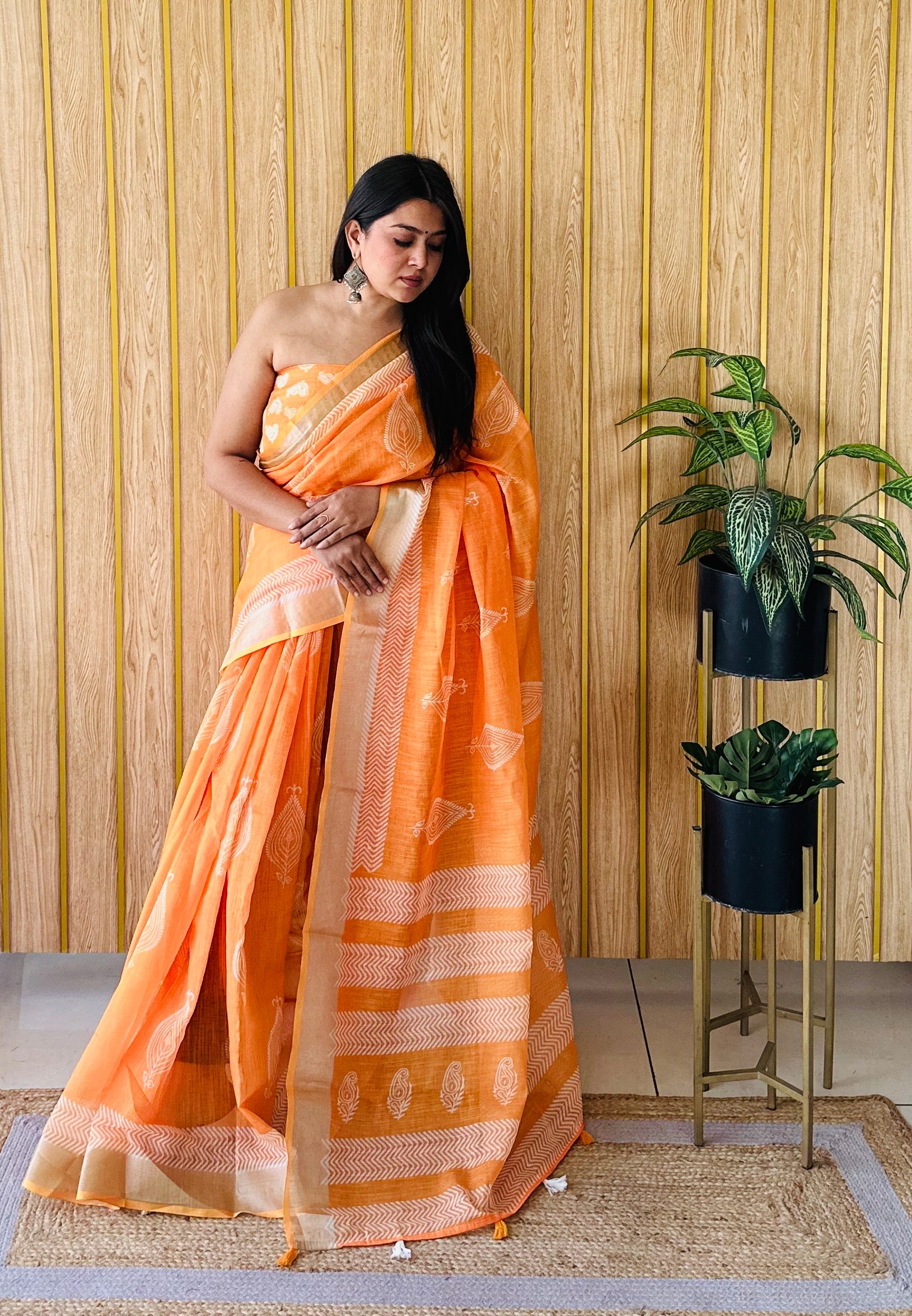 Orange Linen Cotton Digital Batik Printed Traditional Looks Saree