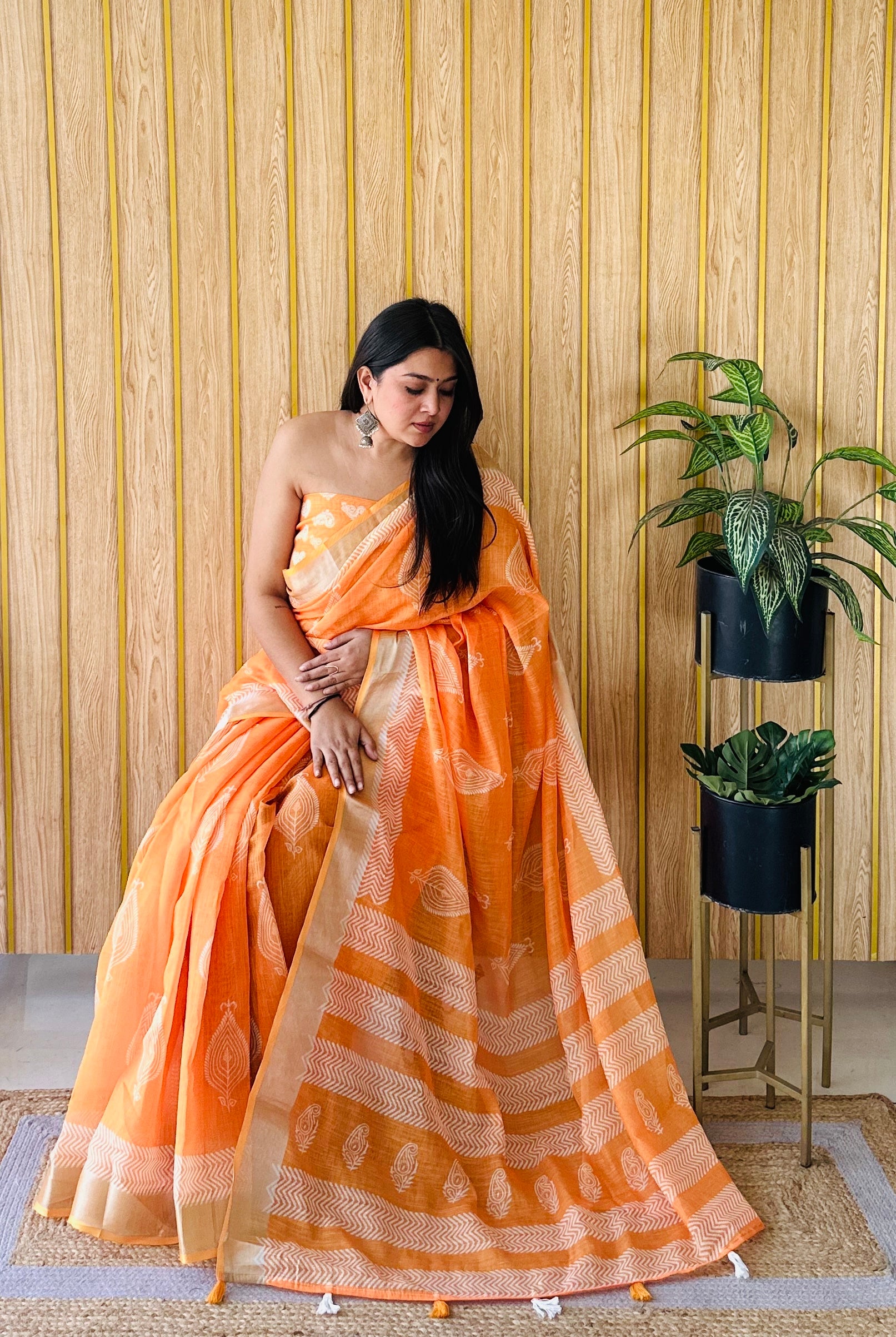 Orange Linen Cotton Digital Batik Printed Traditional Looks Saree