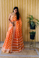 Orange Linen Cotton Digital Batik Printed Traditional Looks Saree