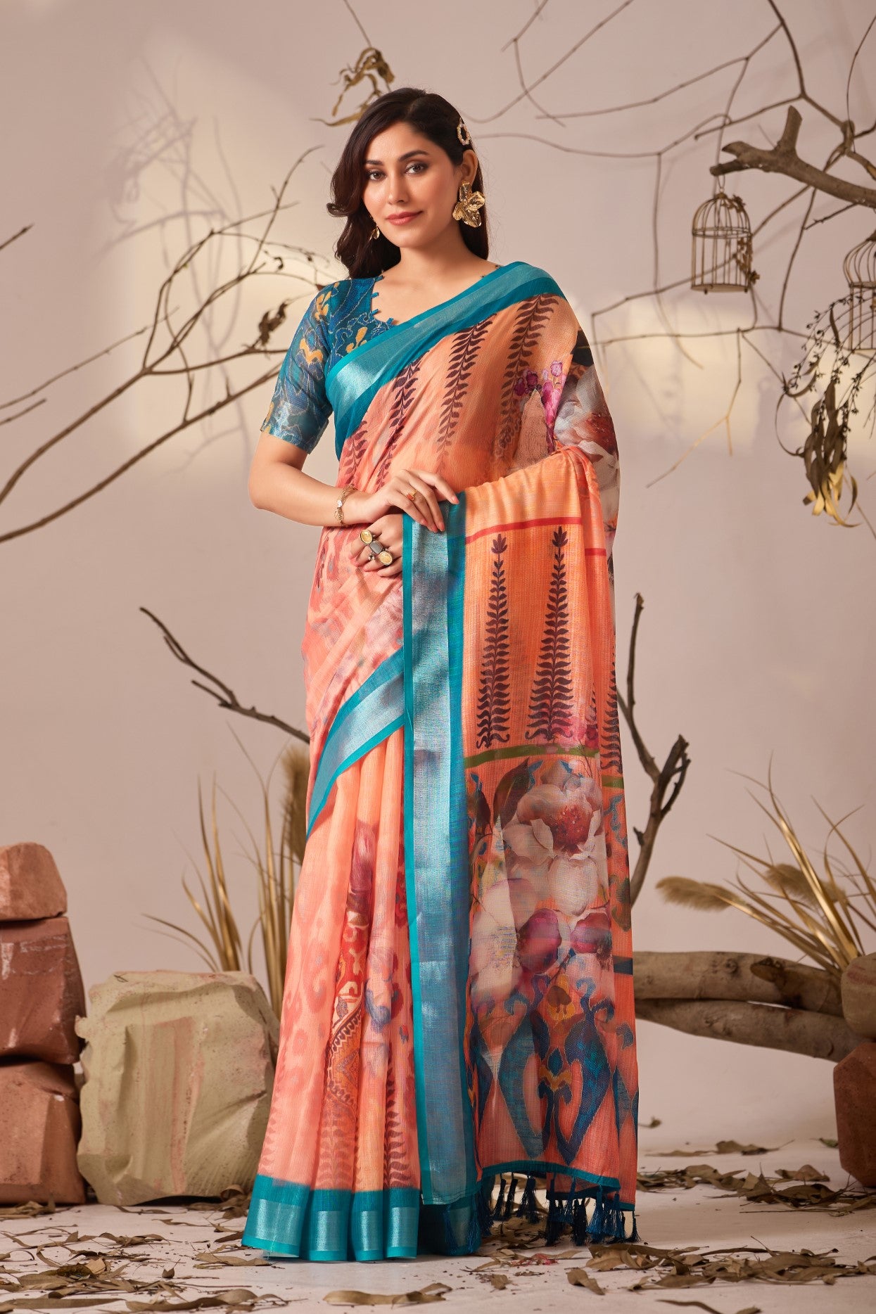Orange Linen Cotton Saree with Digital Print