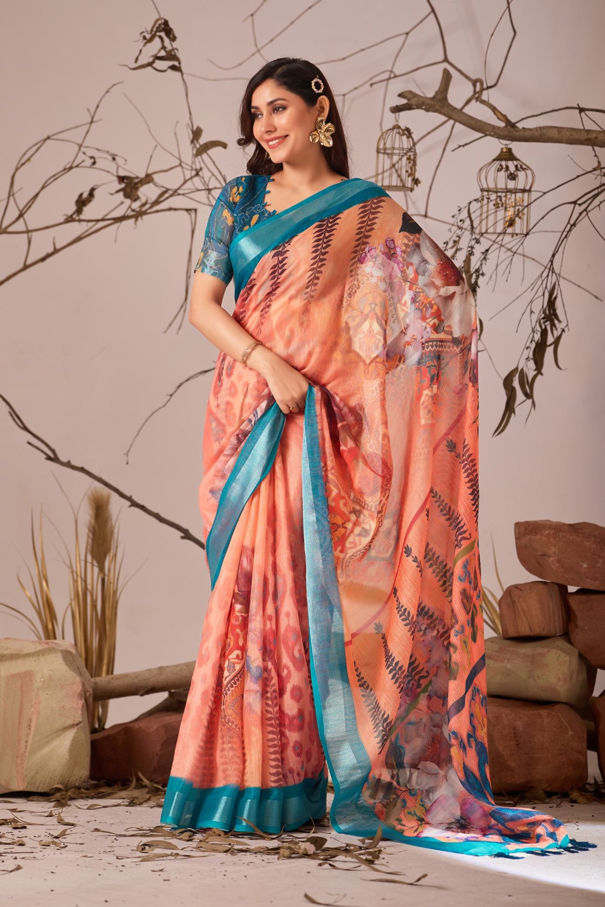 Orange Linen Cotton Saree with Digital Print