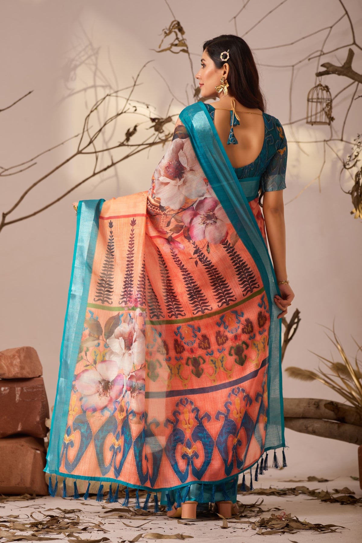 Orange Linen Cotton Saree with Digital Print