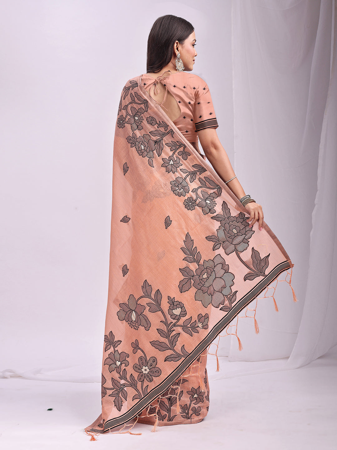 Orange Linen Cotton Woven Thread Designer Festive Sophisticated Saree
