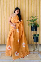 Orange Linen Floral Printed Girlie Looks Saree