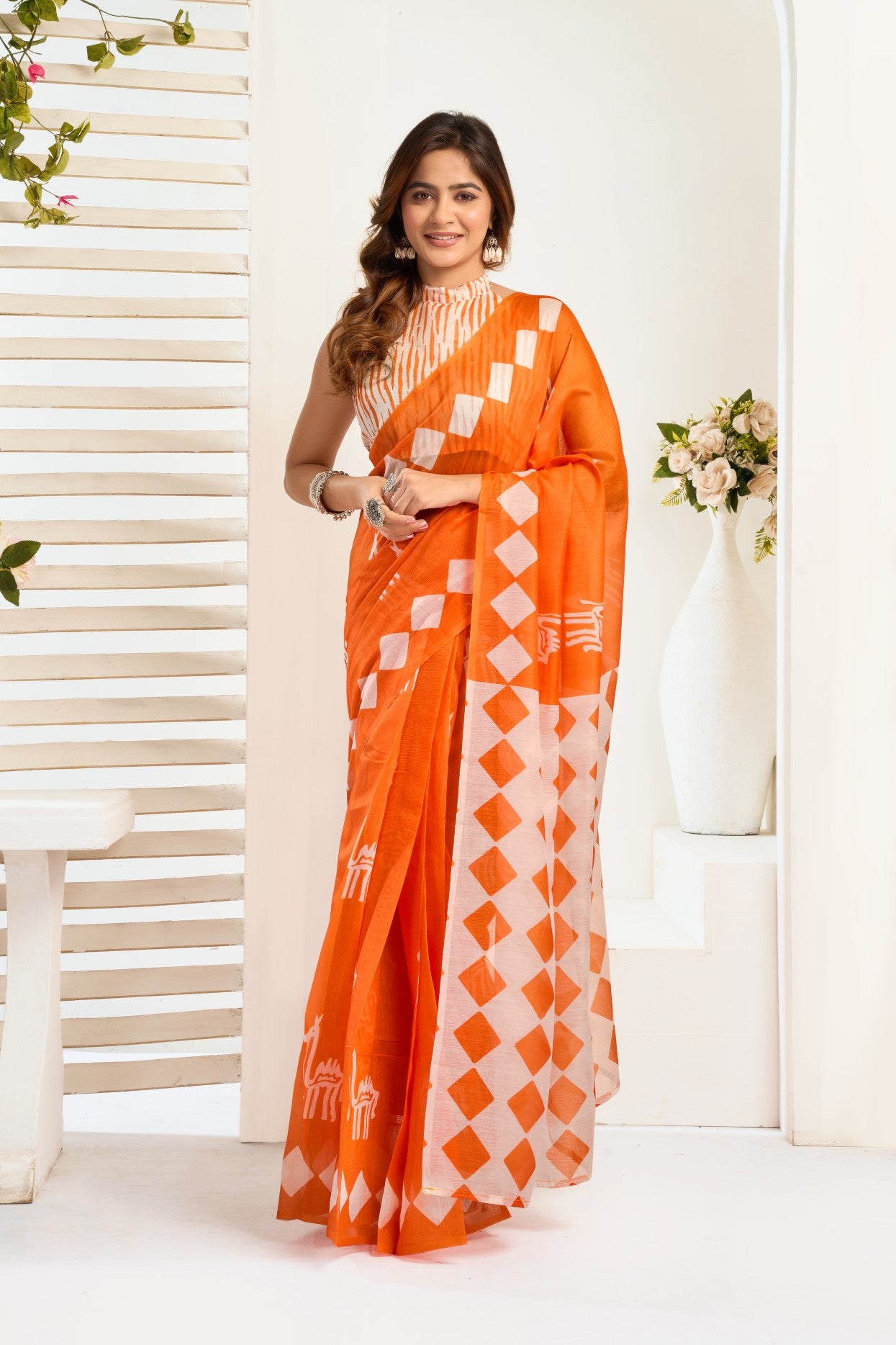 Orange Linen Ready To Wear Saree With Zari Border Printed