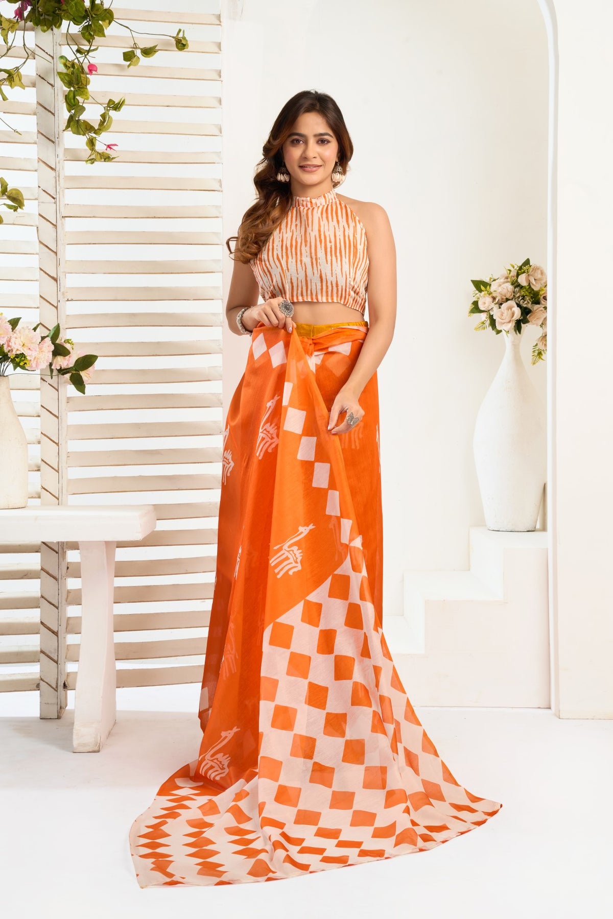 Orange Linen Ready To Wear Saree With Zari Border Printed