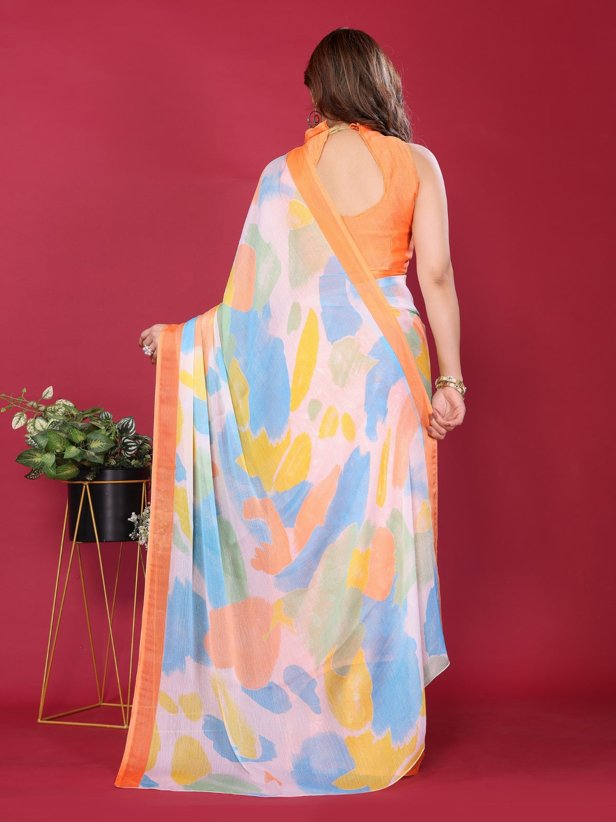 Orange Moss Chiffon Saree With Elegant Printed Design