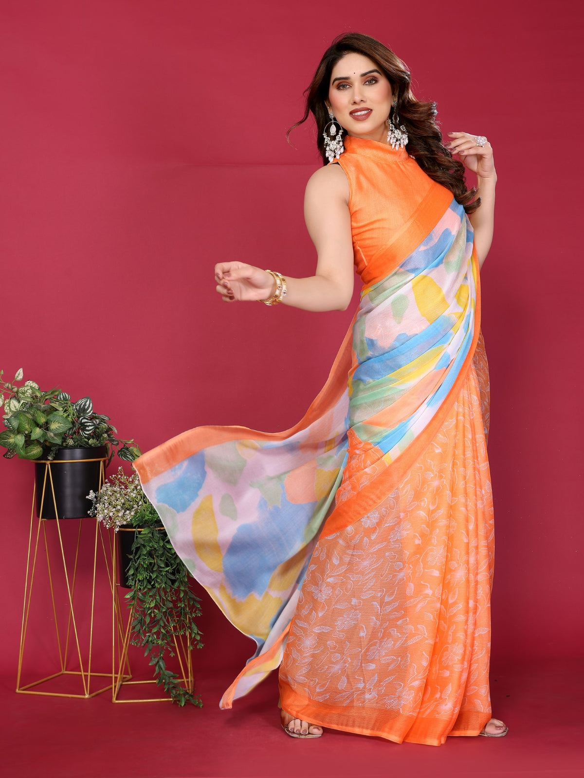 Orange Moss Chiffon Saree With Elegant Printed Design