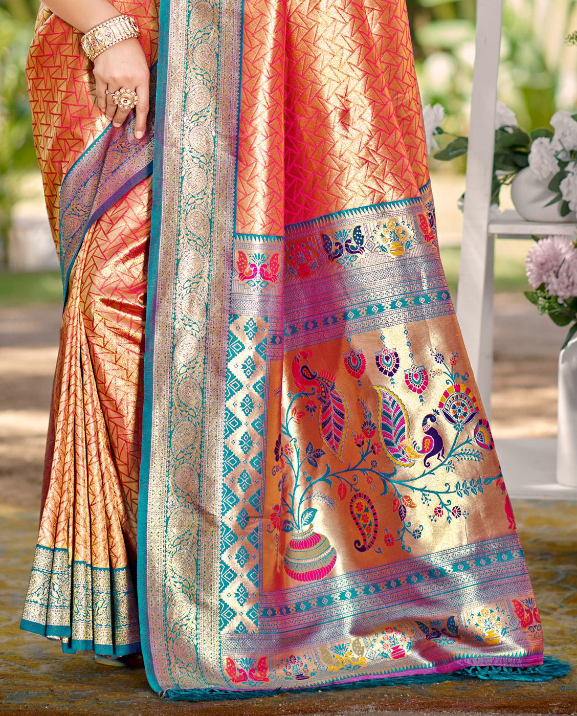 Orange Multi Color Kanjivaram Silk Saree With Sophisticated Touch and Subtle Elegance