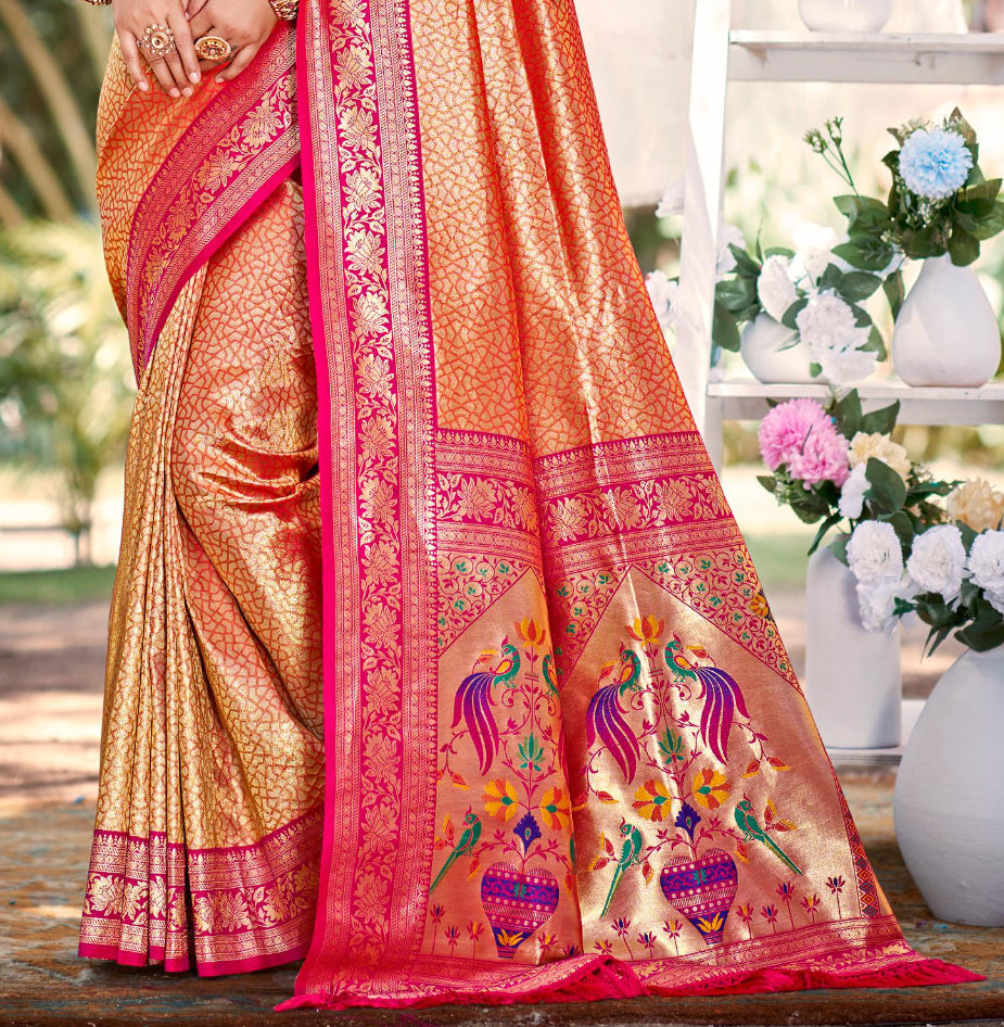 Orange Multi Color Kanjivaram Silk Saree With Timeless Grace and Elegant Charm