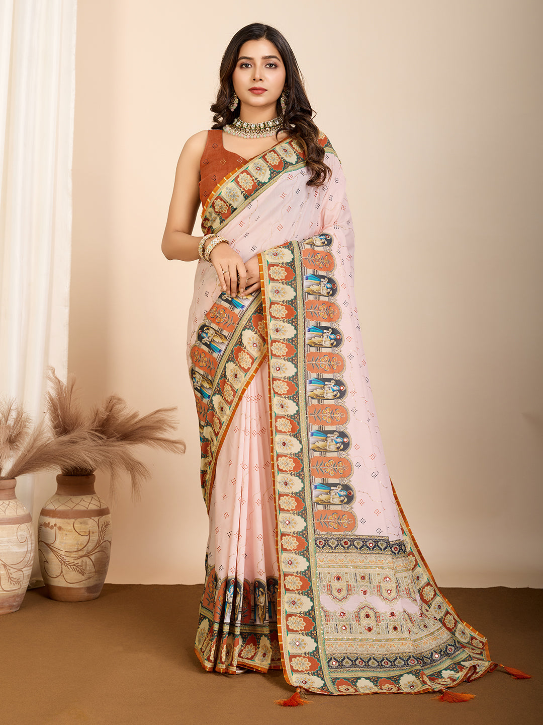 Orange Muslin Cotton Designer Digital Printed Ethnic Ceremonial Saree