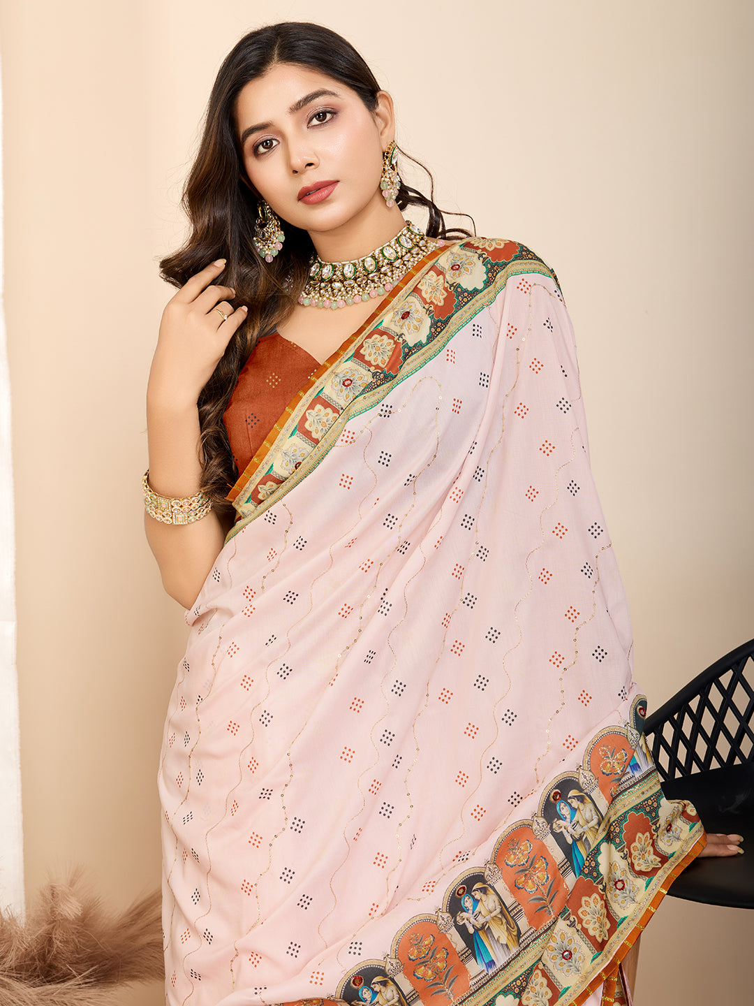 Orange Muslin Cotton Designer Digital Printed Ethnic Ceremonial Saree