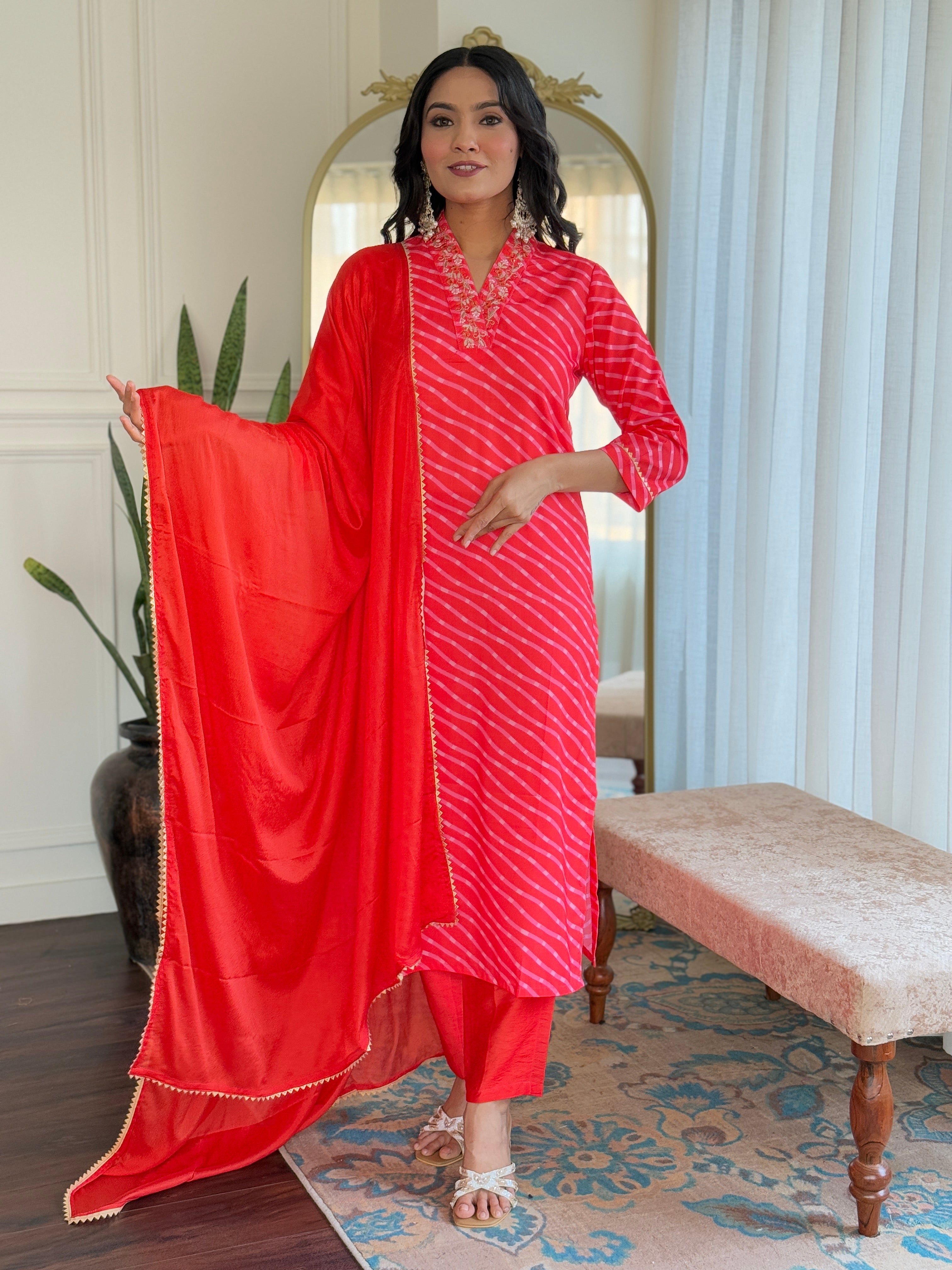 Orange Muslin Elegant Kurta Pant Set With Embroidery Work