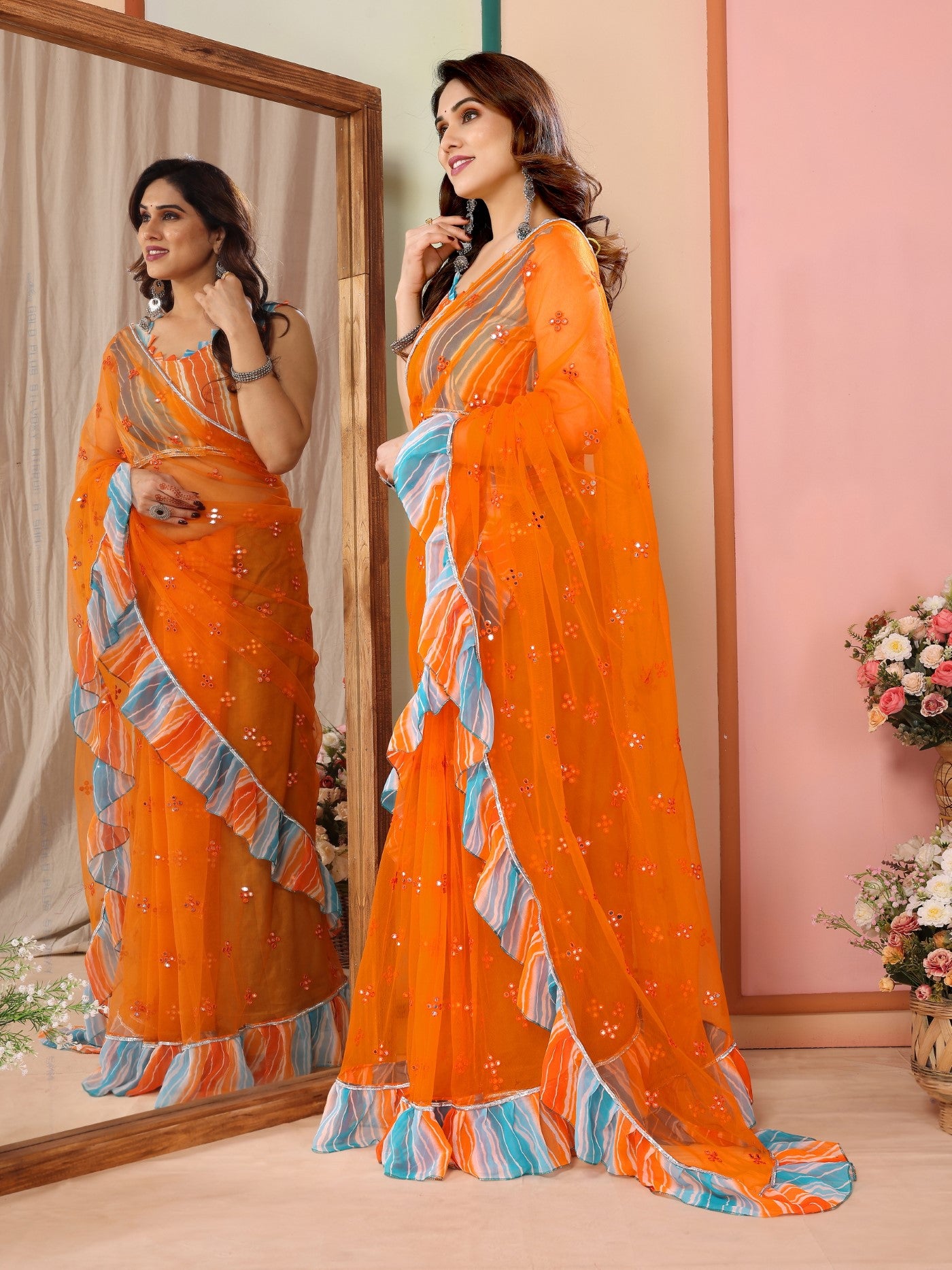 Orange Net Saree with Mirror Work & Ruffle with Leheriya Blouse