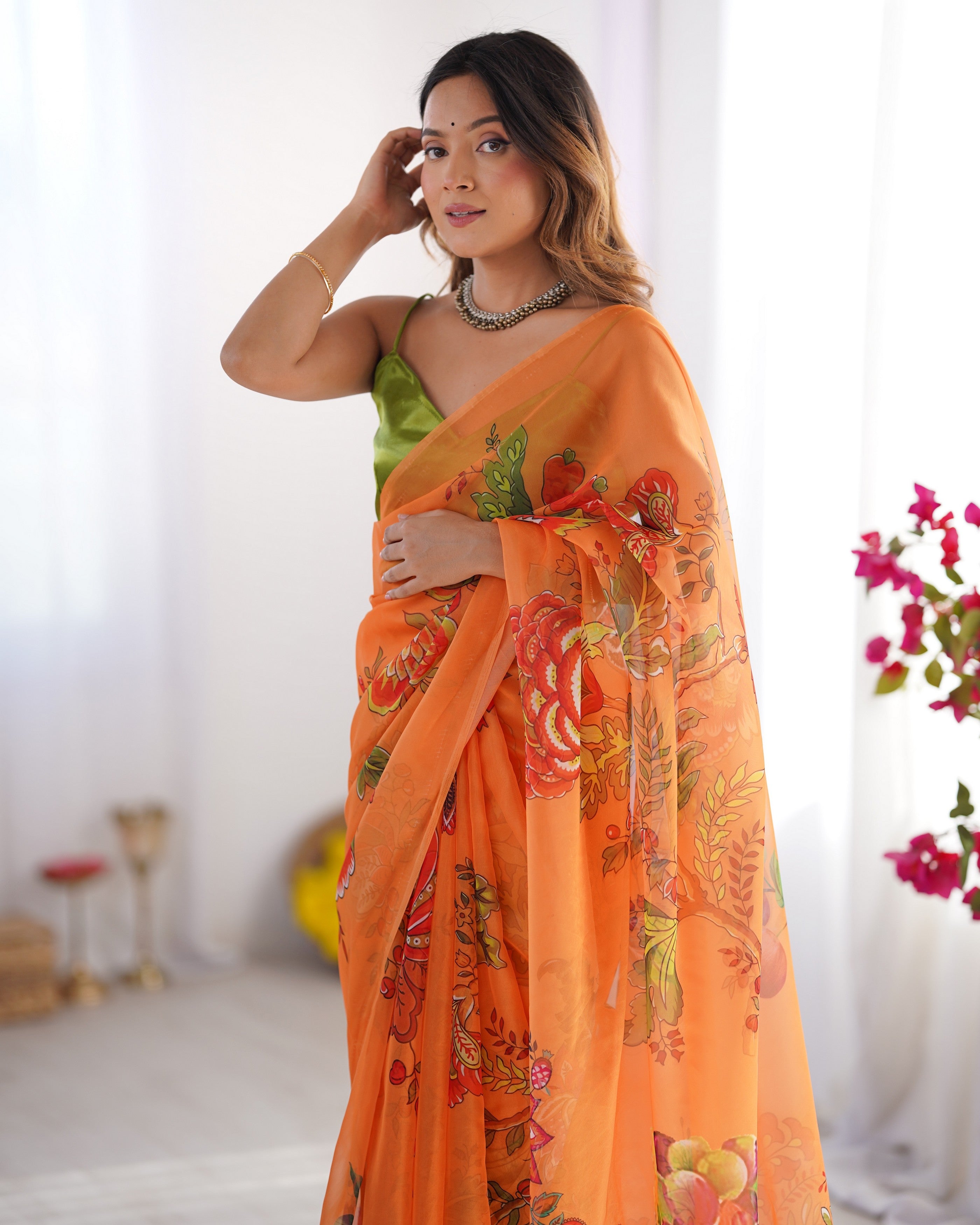 Orange Organza Designer Printed Bollywood Style Saree