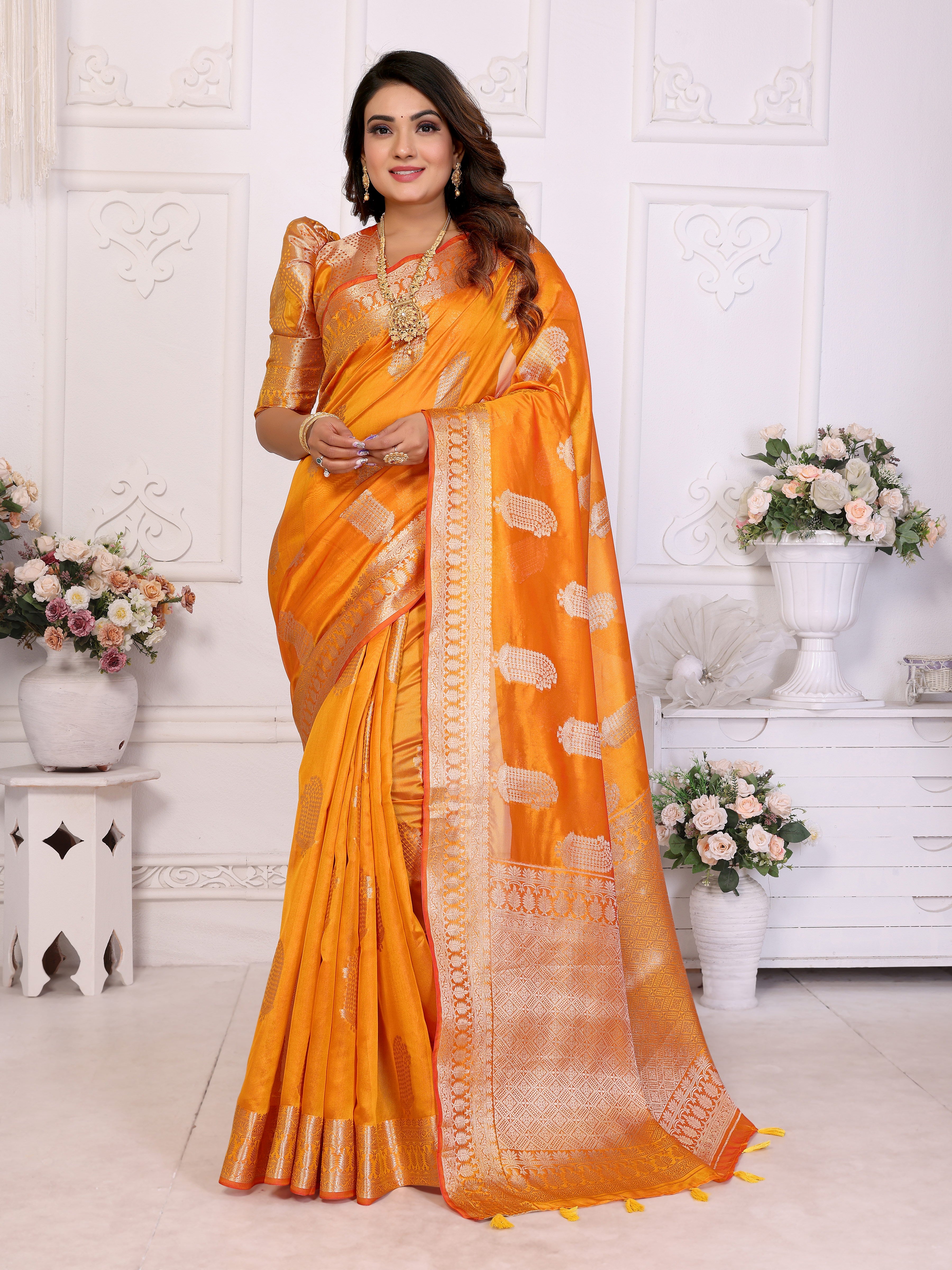 Orange Organza Gold Zari Designer Beautiful Festive Saree