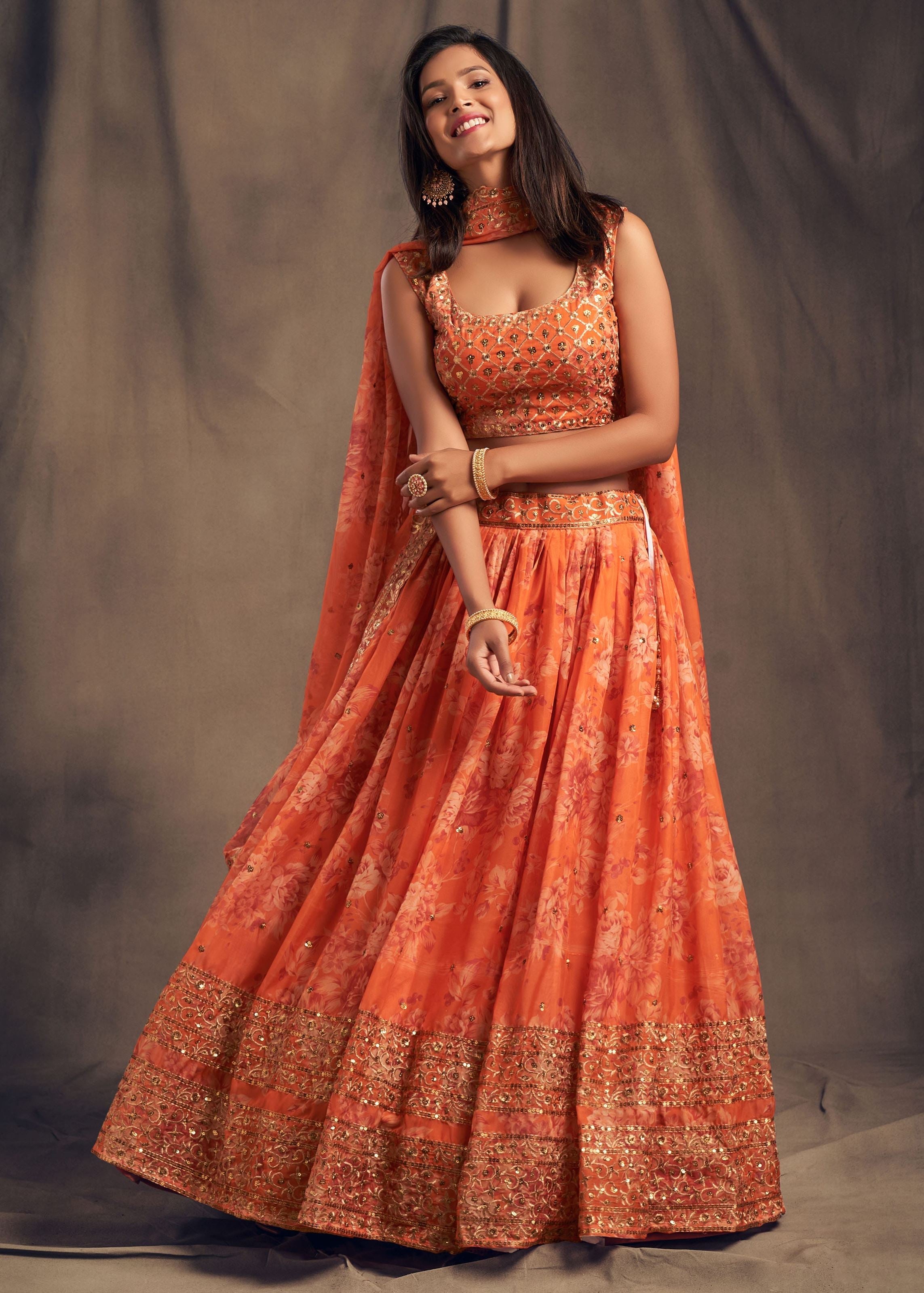 Orange Organza Lehenga Choli With Sequins Zari Embroidery Work
