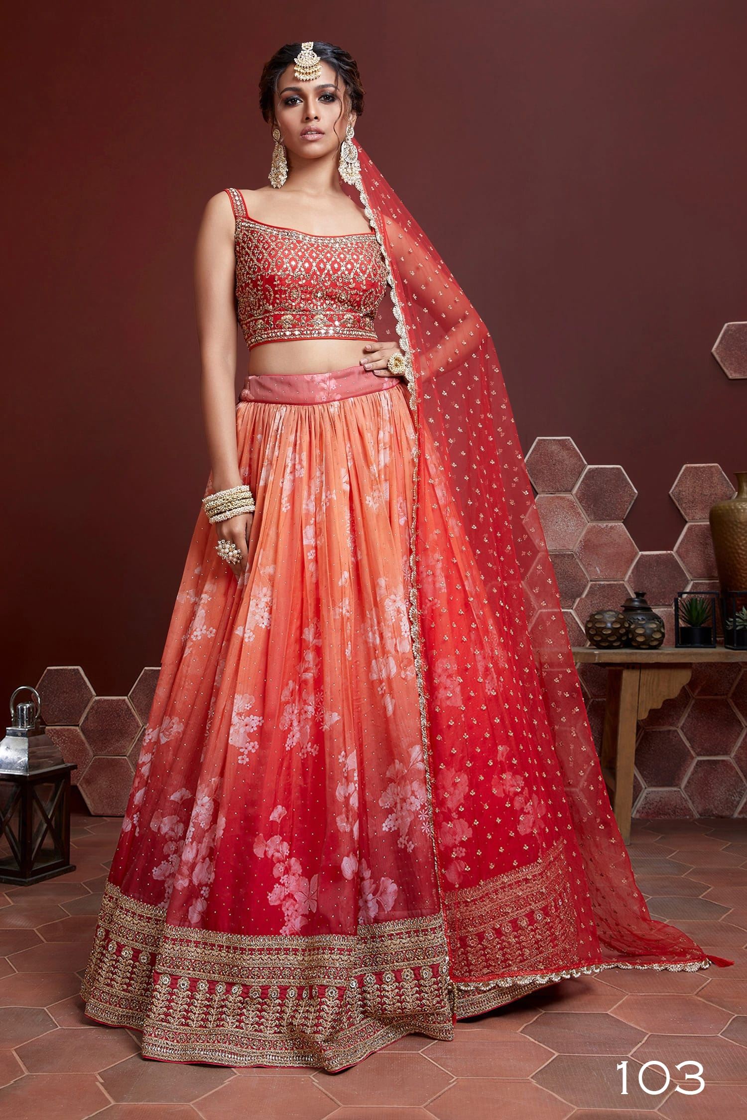 Orange Organza Silk Lehenga Choli With Digital Print and Heavy Embroidery with Savroski and Real mirror work