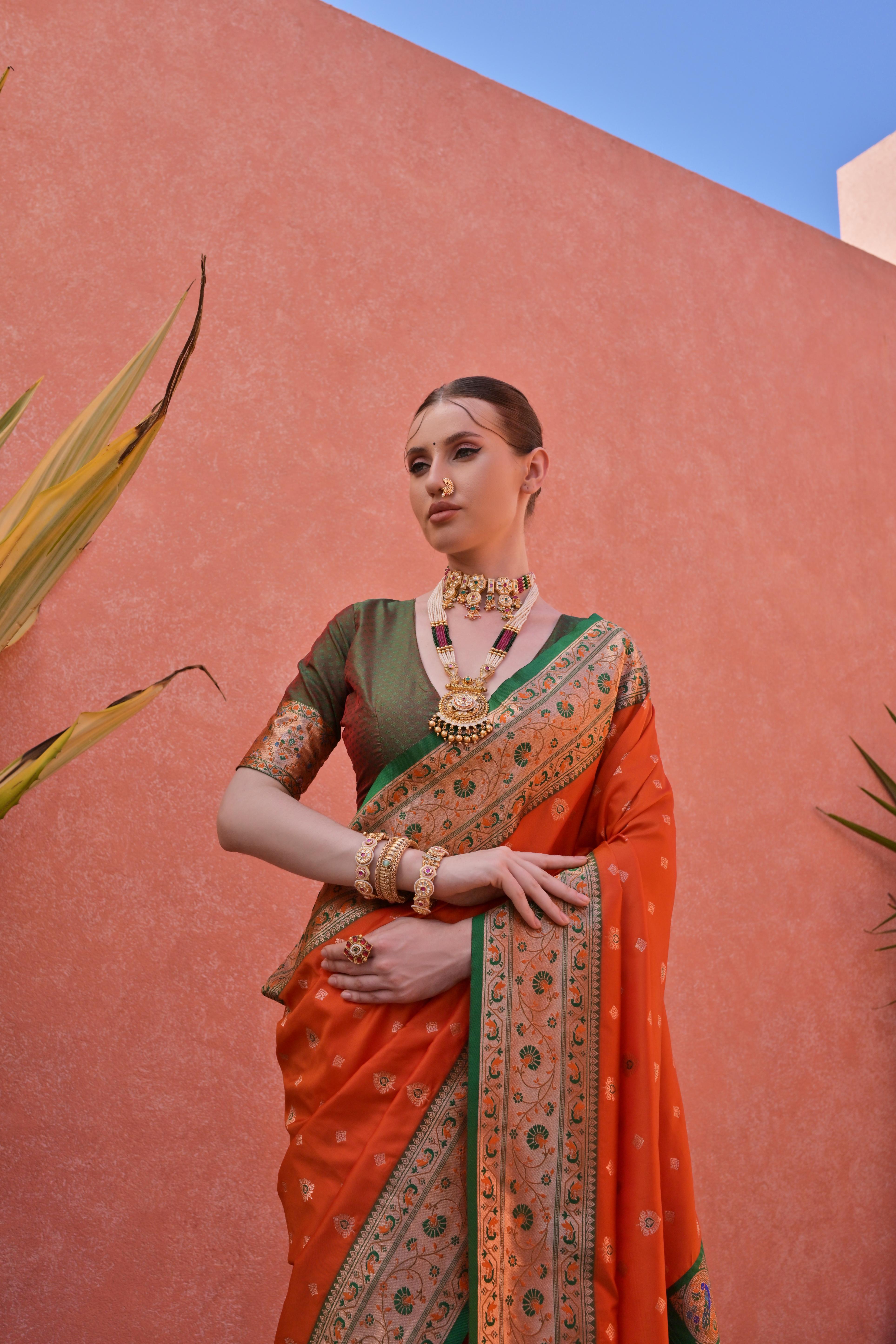 Orange Paithani Silk Saree with Paithani Pallu and Zari Butti