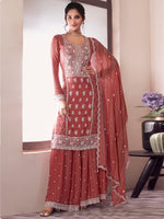 Orange Palazzo Style Salwar Suit With Heavy Embroidery Work