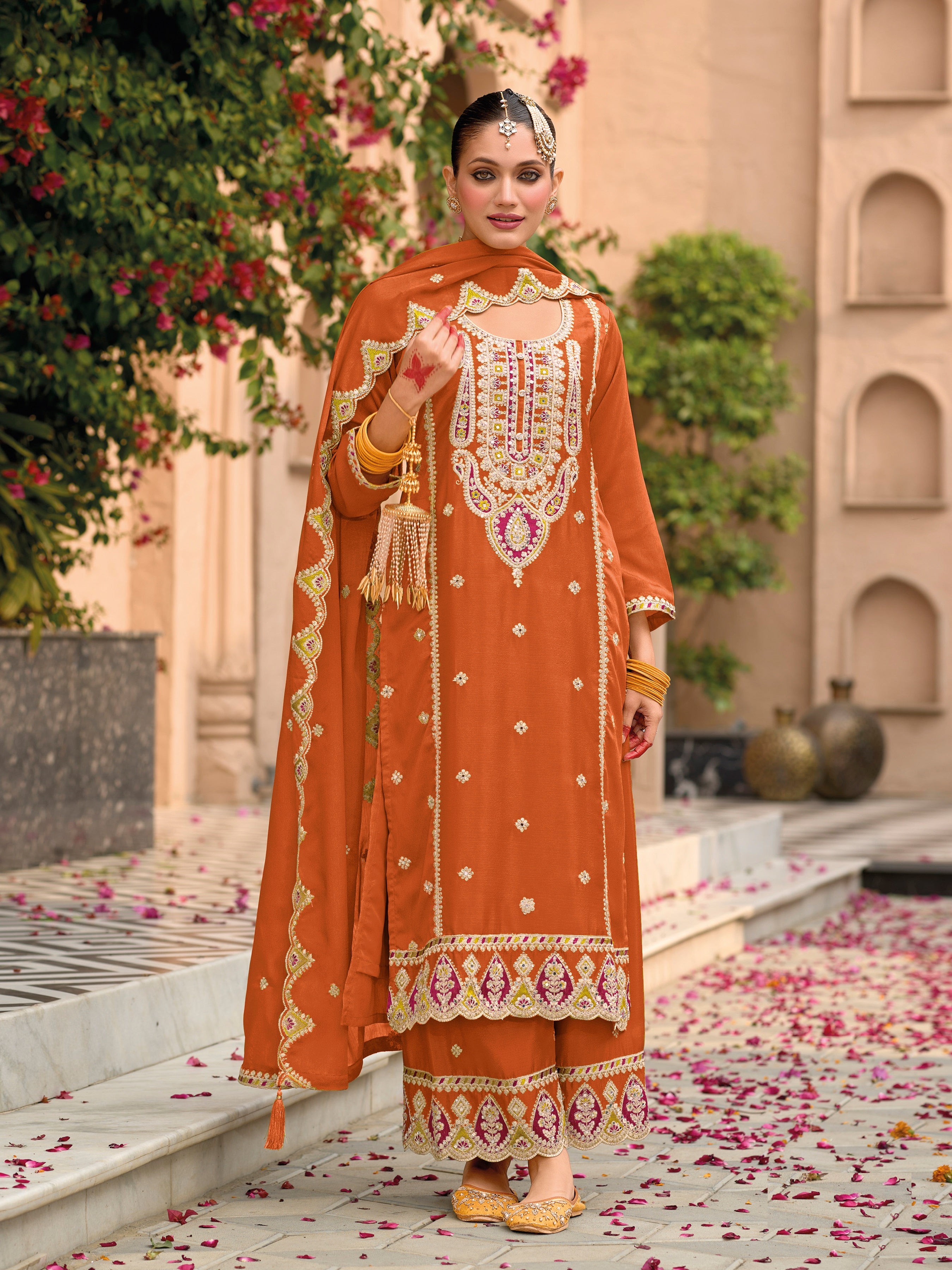 Orange Palazzo Style Salwar Suit With Heavy Embroidery Work