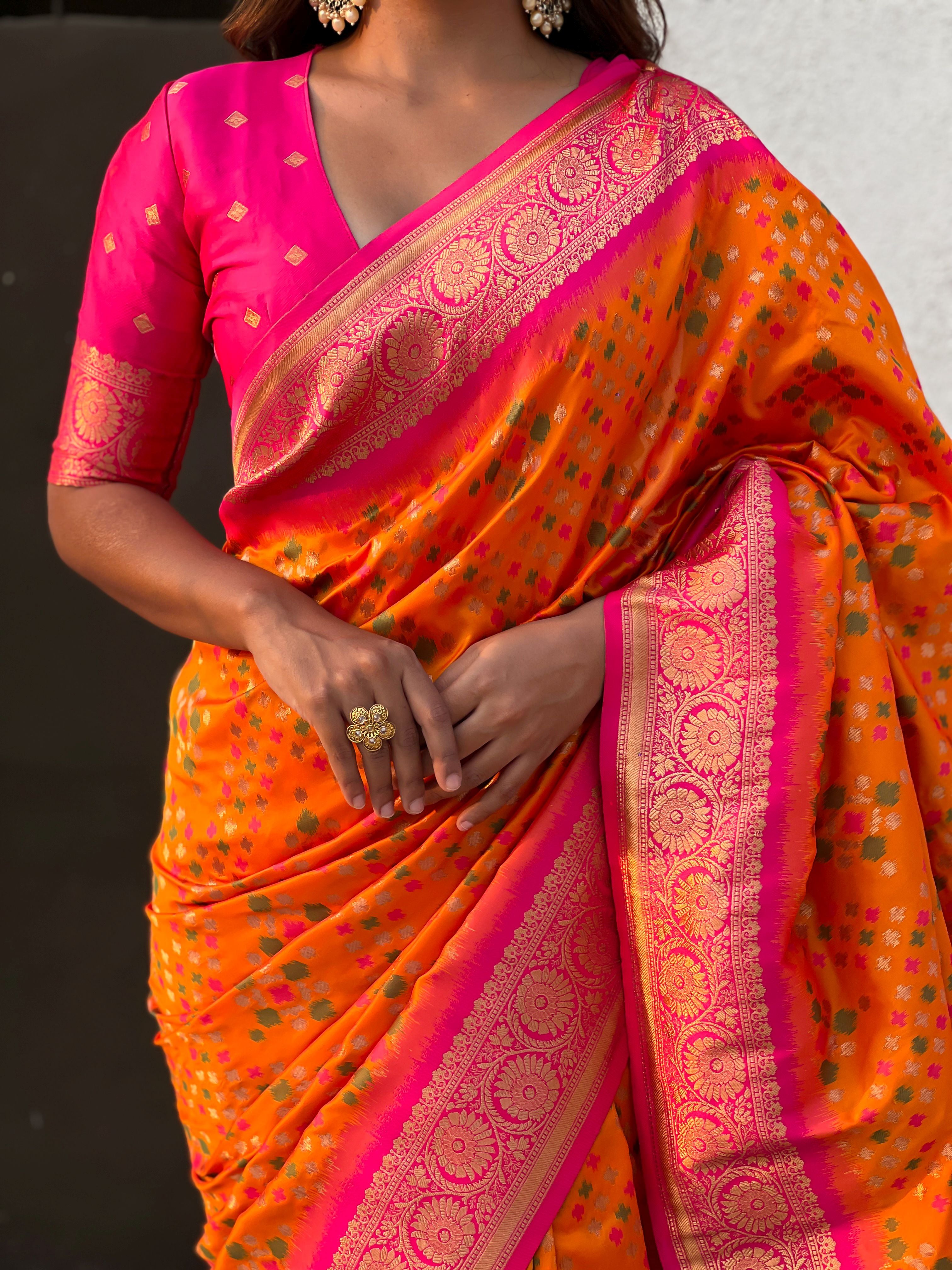 Orange Patola Silk Weaving Ikkat Meenakari Designer Graceful Ceremonial Saree