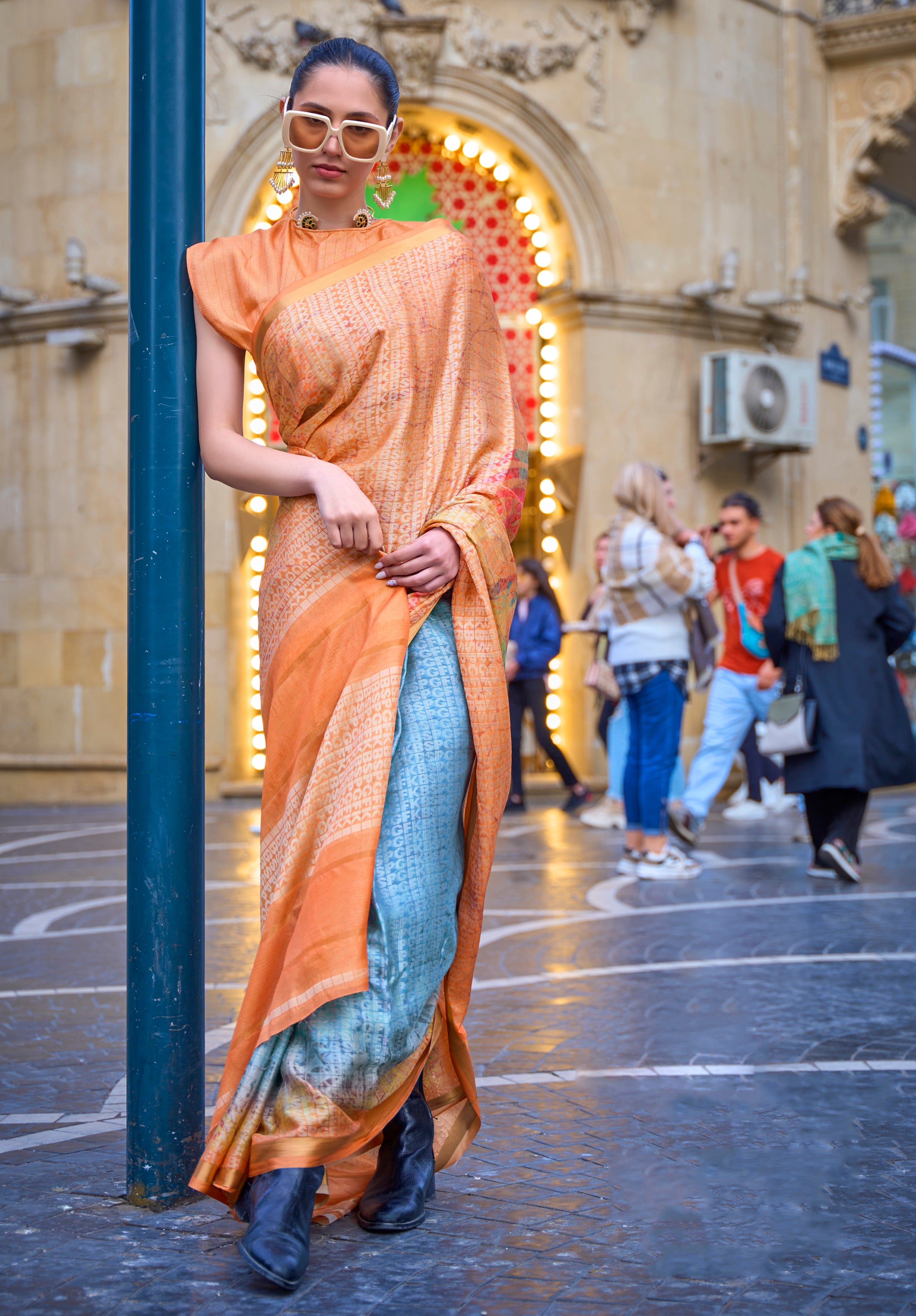 Orange Poly Viscose Saree with Print