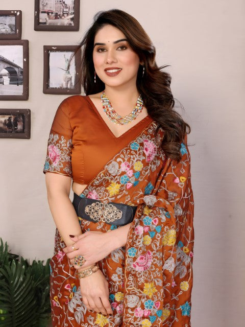 Orange Rangoli Silk Saree with Embroidery  with piping border  Work