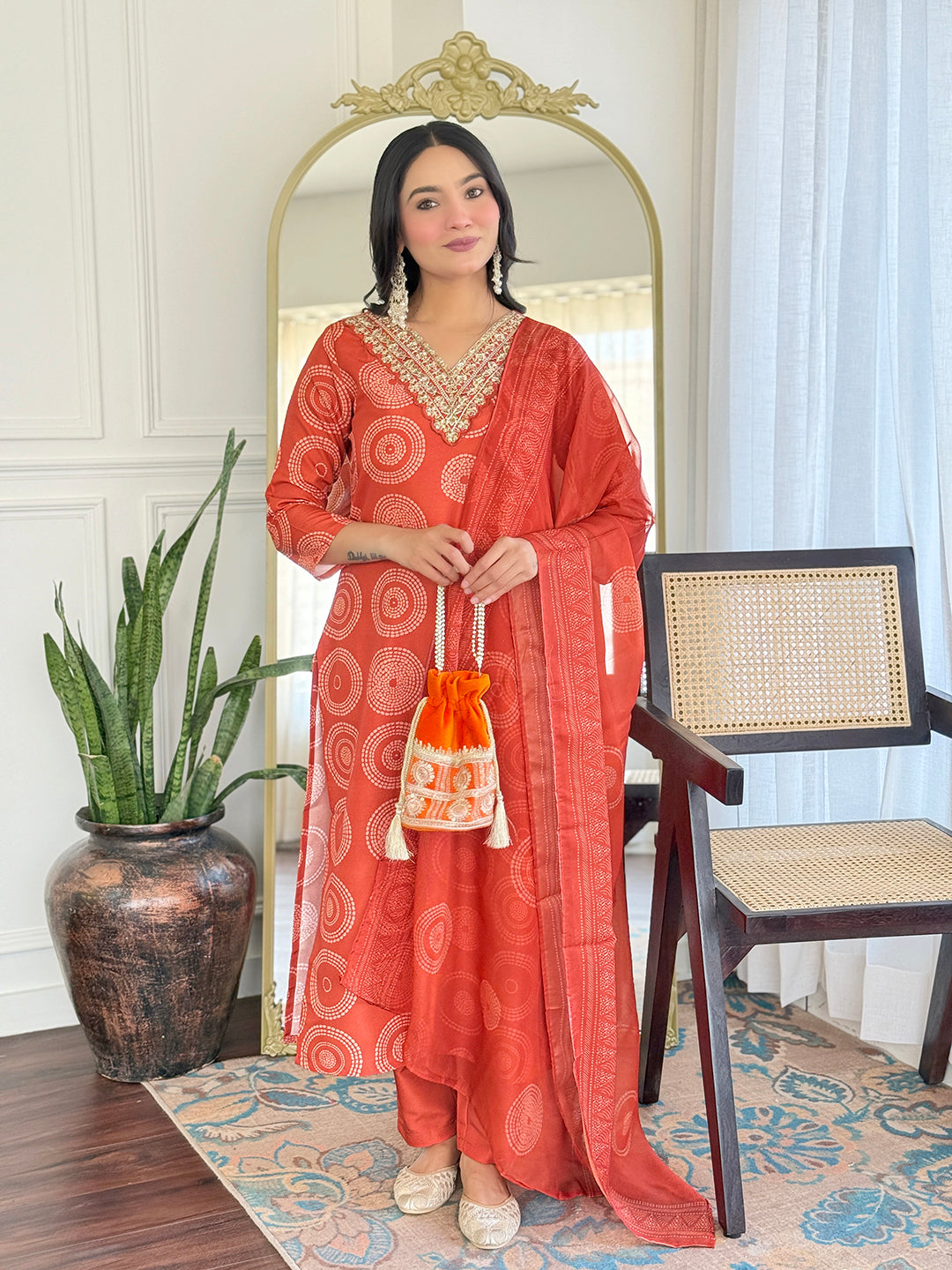 Orange Rayon Elegant Kurta Pant Set With Print