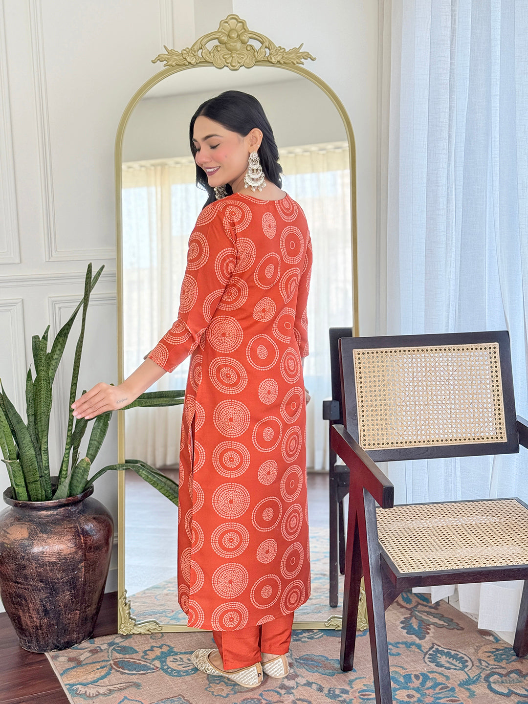 Orange Rayon Elegant Kurta Pant Set With Print