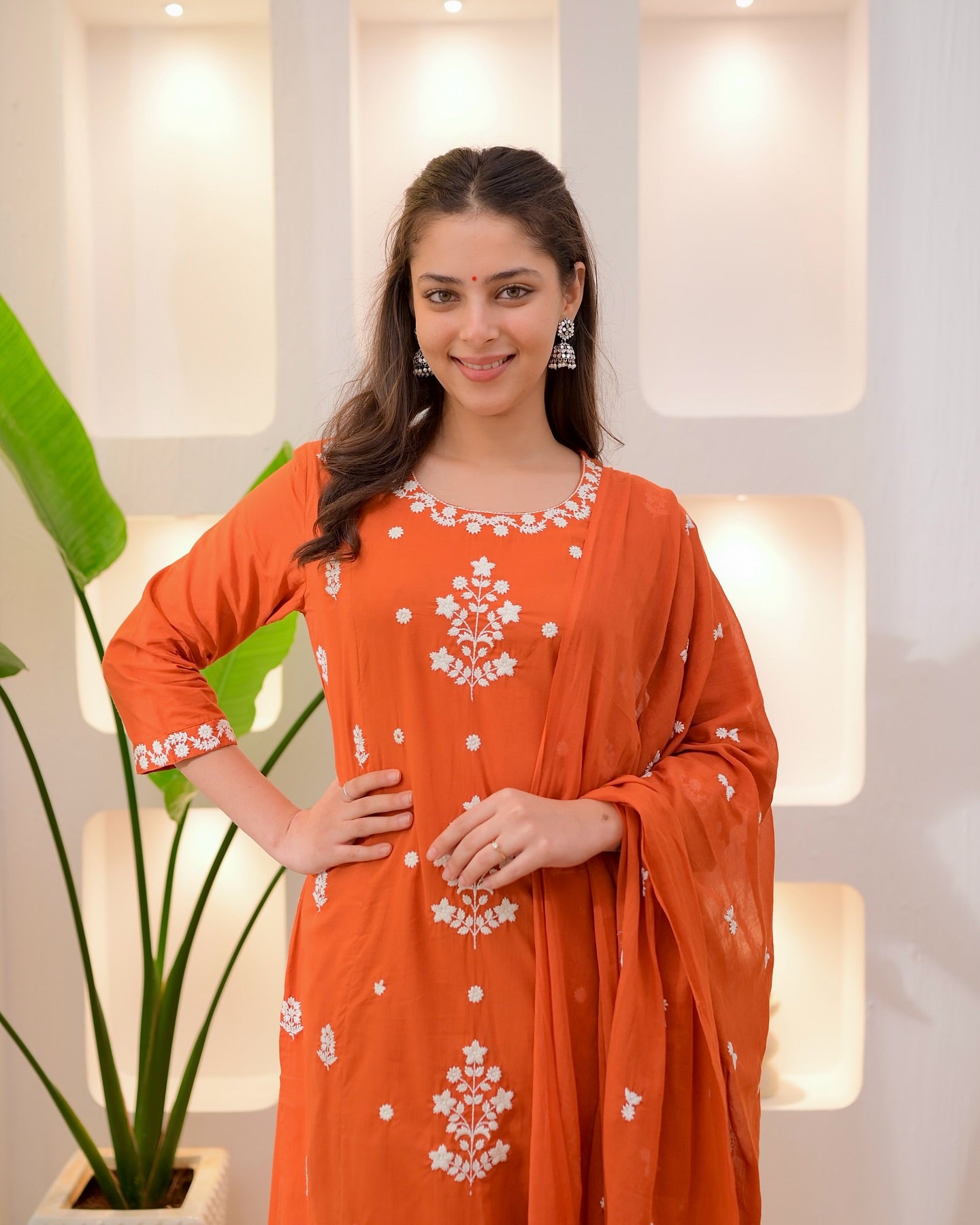 Orange Rayon Slub Kurta Pant Set With Heavy Thread Embroidery Work