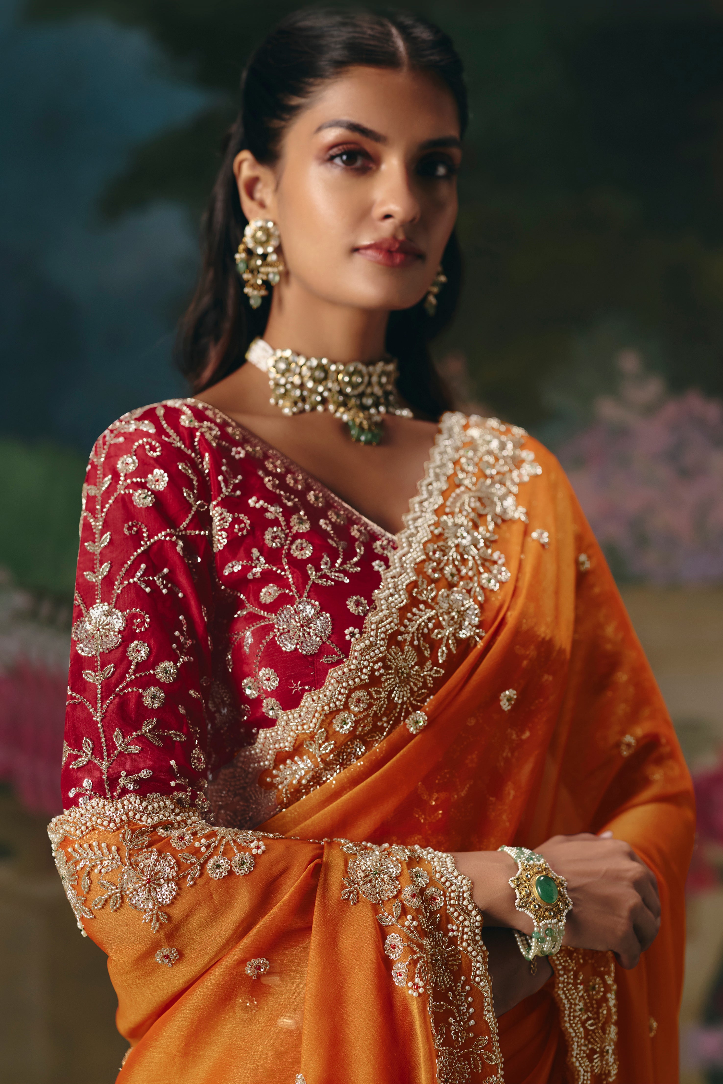 Orange Saree With  Heavy Designer Embroidery, Sequince, Stone, With Beads Work