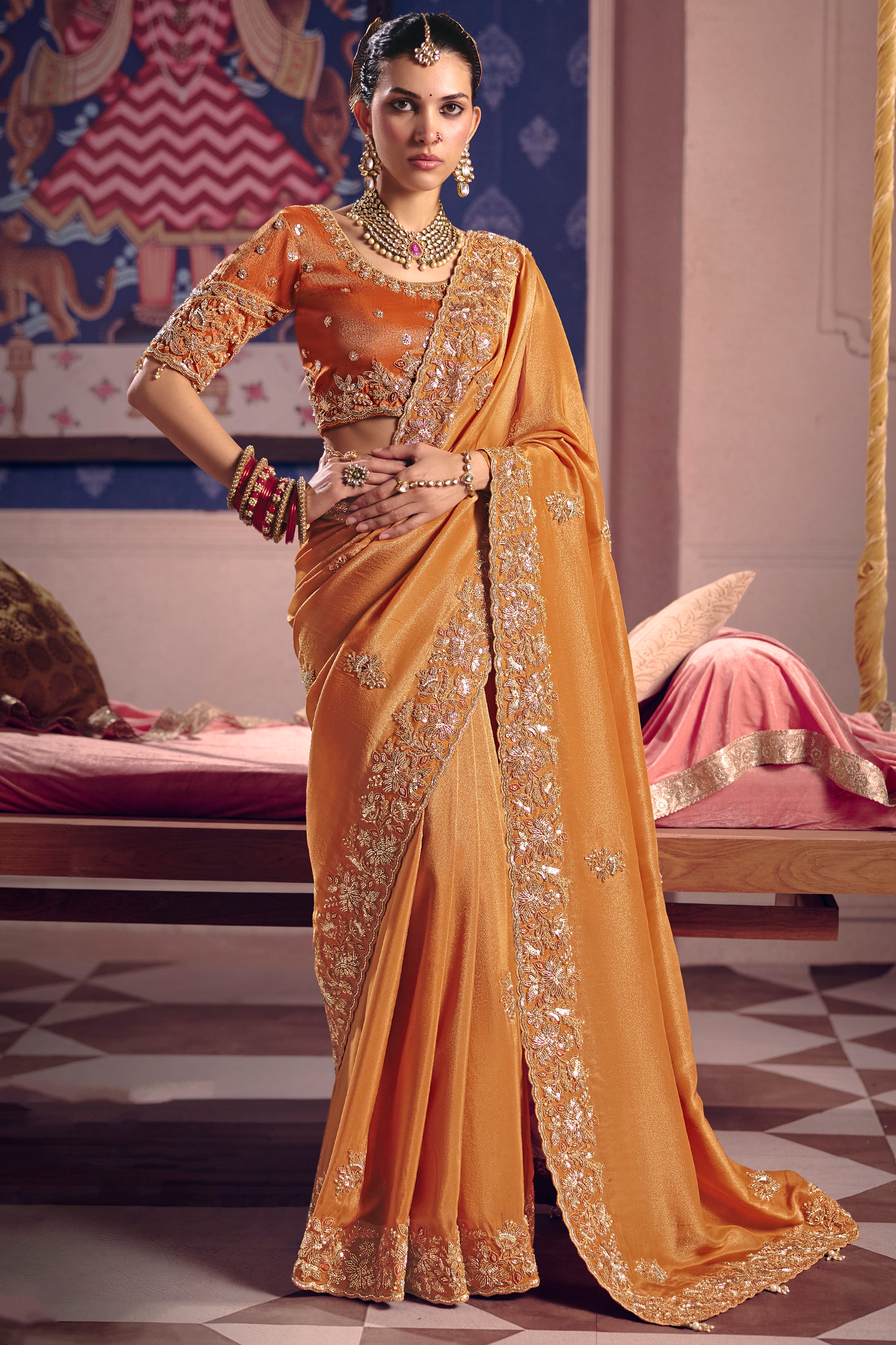 Orange Saree With  Heavy Embroidery, Beads With Sequince Work