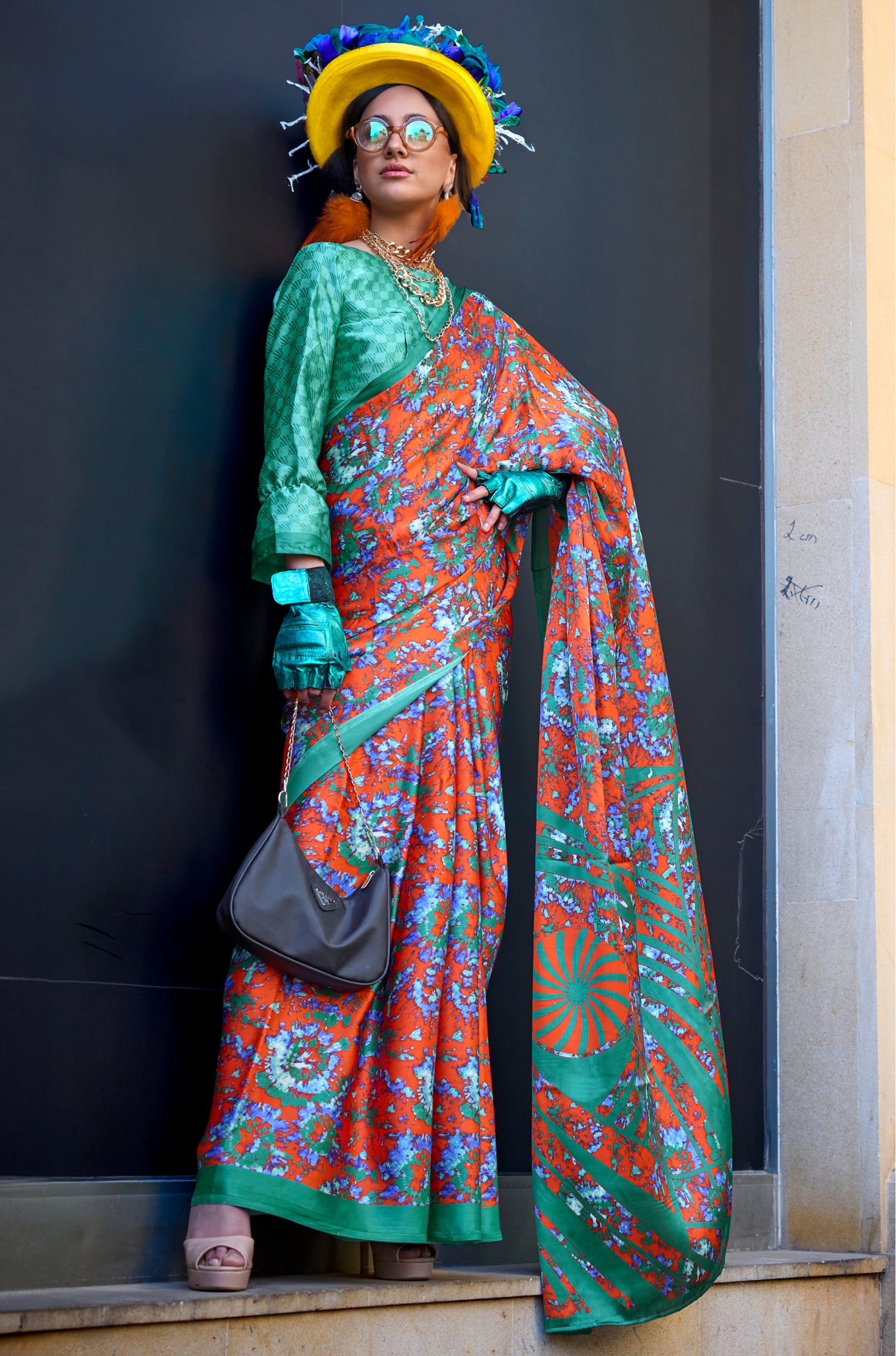 Orange Satin Saree With  Digital Print