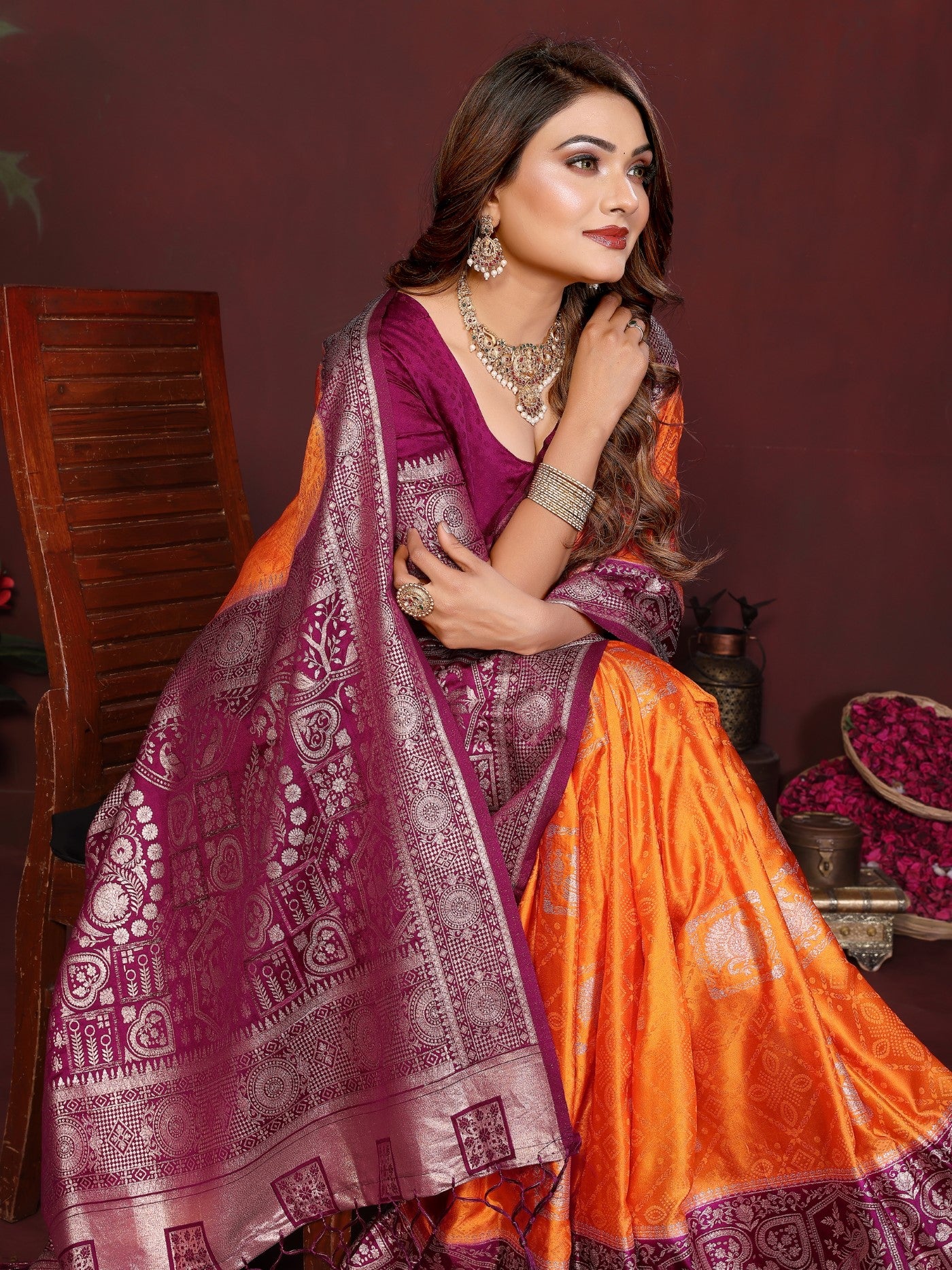 Orange Satin Silk Saree With Traditional Zari Butta Designs