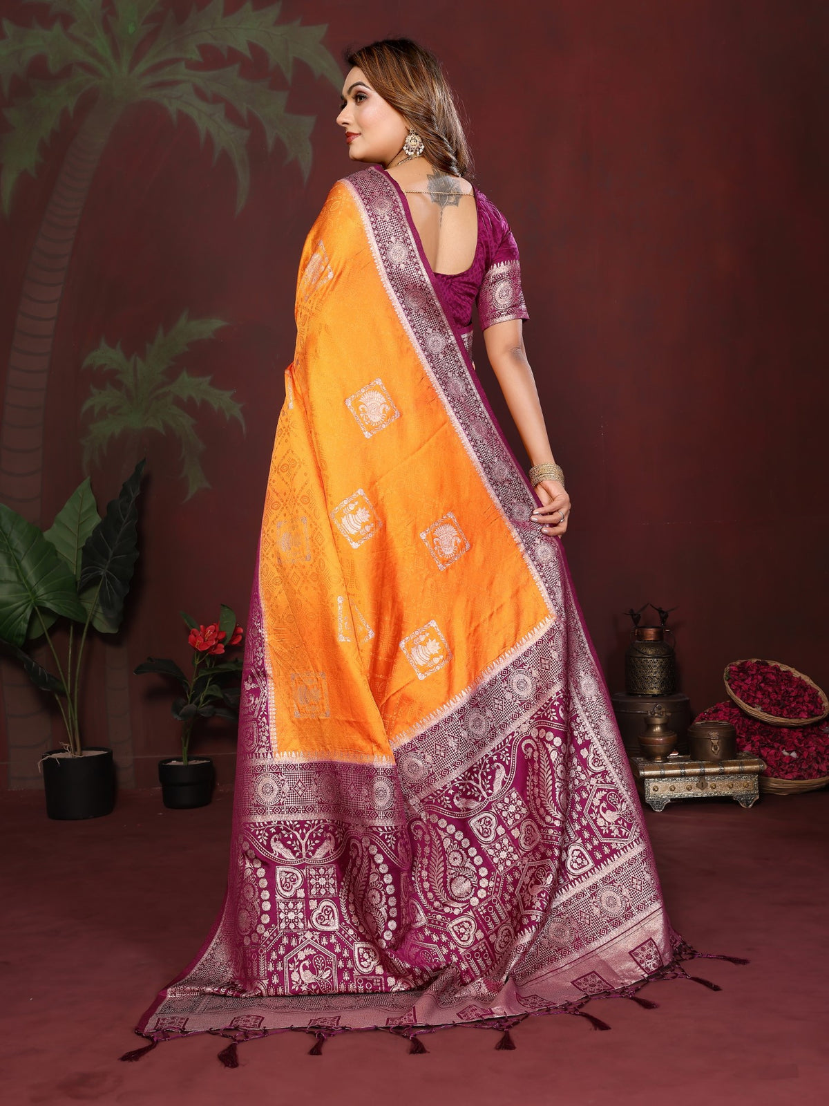 Orange Satin Silk Saree With Traditional Zari Butta Designs